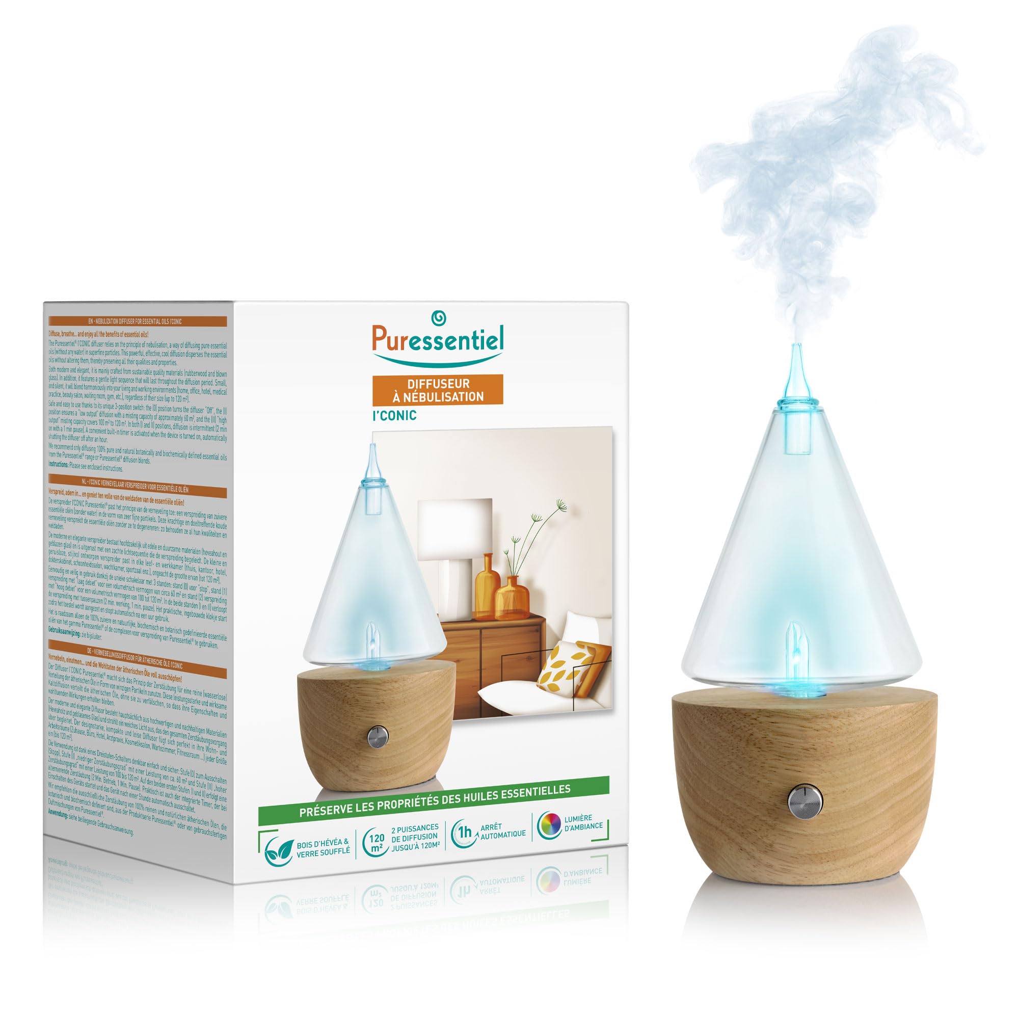 Puressentiel Diffusore a Nebulizzazione I'Conic, per Oli Essenziali, con Luci d'Atmosfera Colorate, Realizzato con Materiali Sostenibili, Piccolo e Compatto