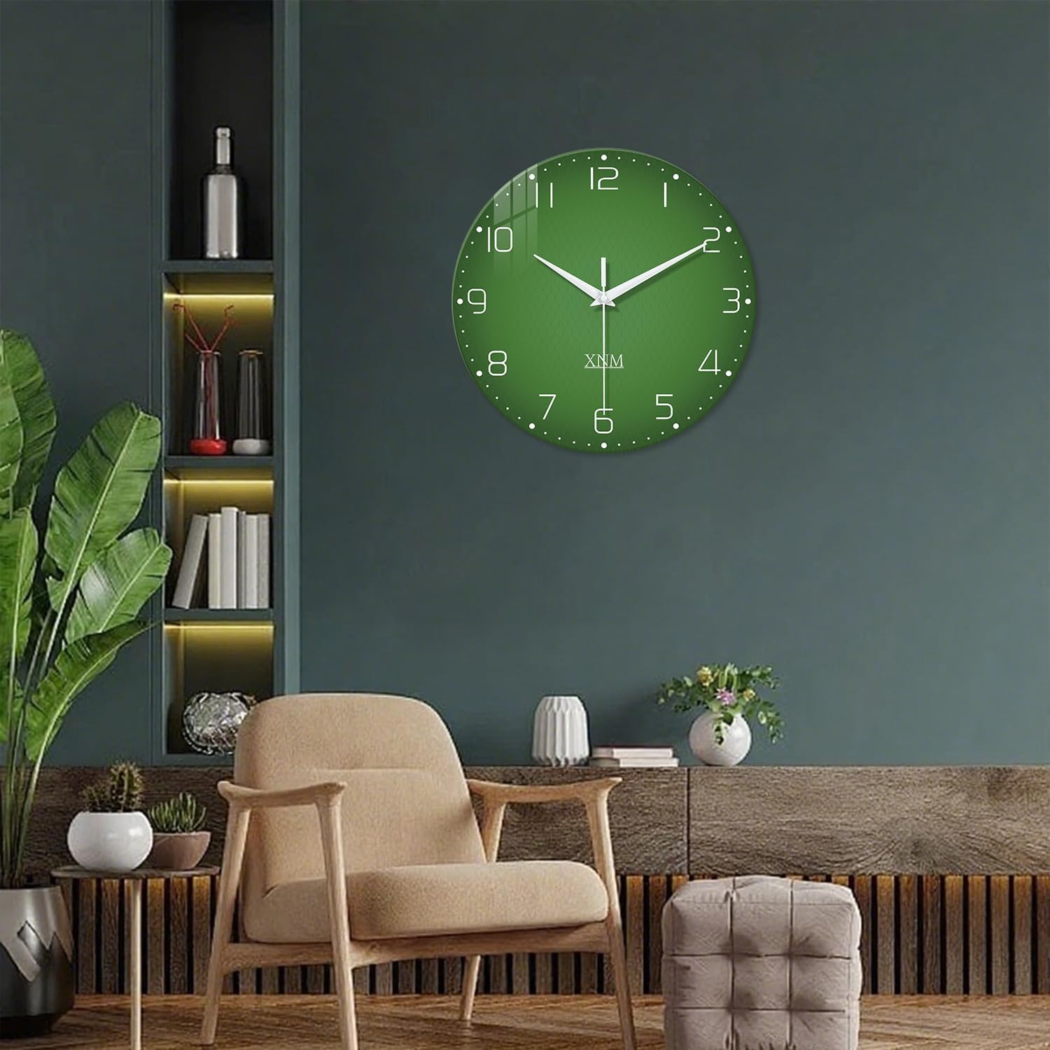 XNM Green Wall Clock for Living Room 16 Inches or Larger Modern Glass Wall Clock for Women Silent Wall Clocks Battery Operated