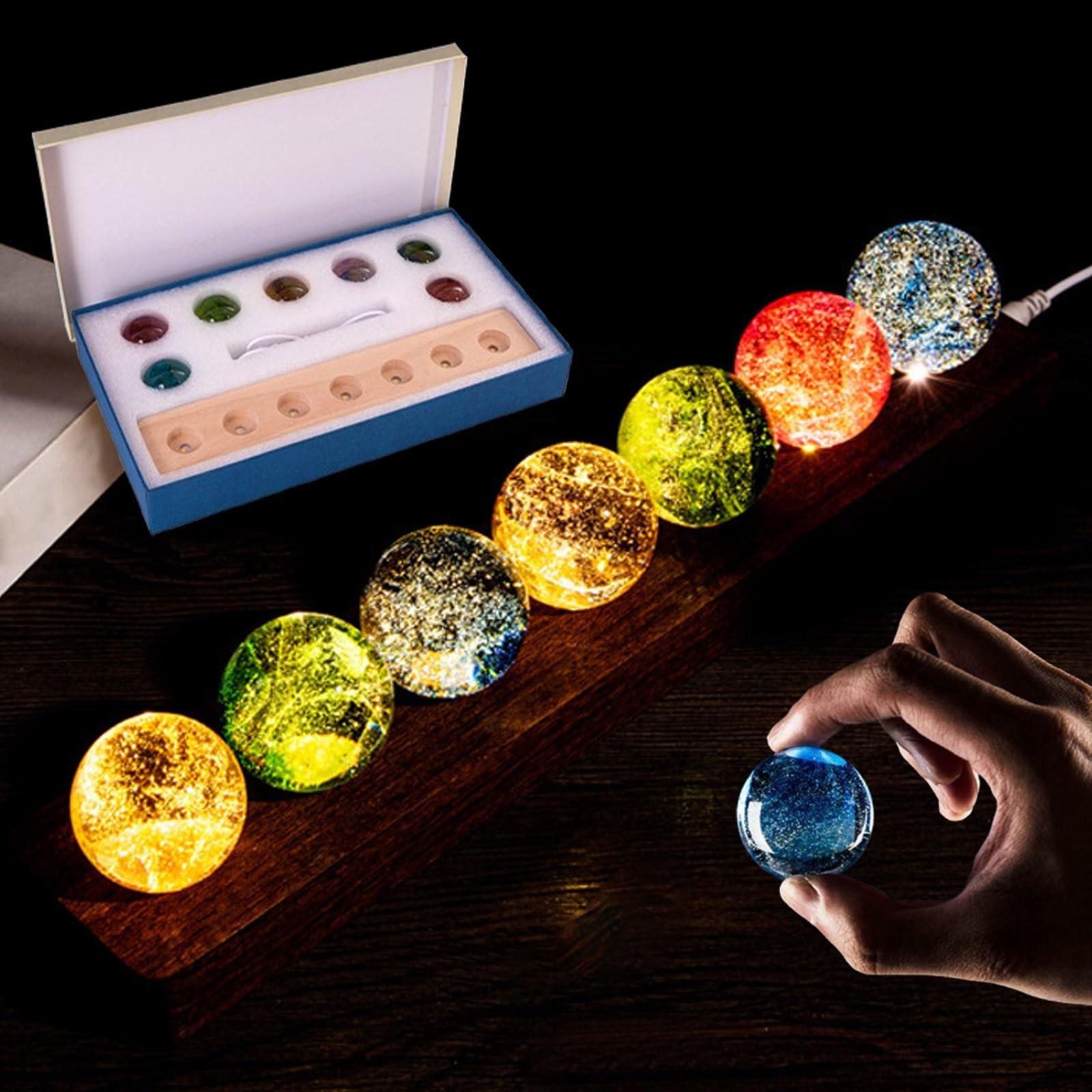 Set 7 Sfere Cristallo Curative 40mm con Base LED Legno USB