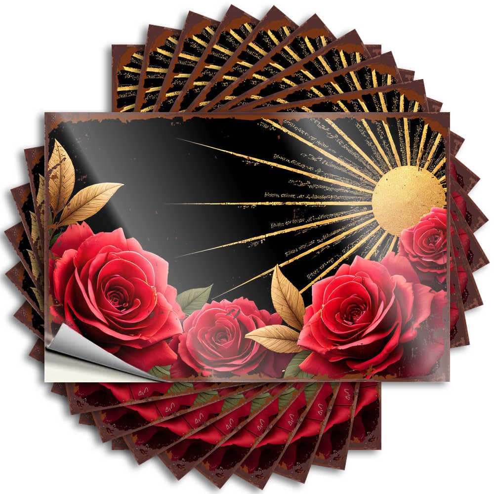 Funny Home Decor Tumbler Decal | Golden Sunburst with Red Roses On Black Background Funky for Silicone Decor(8X12CM)
