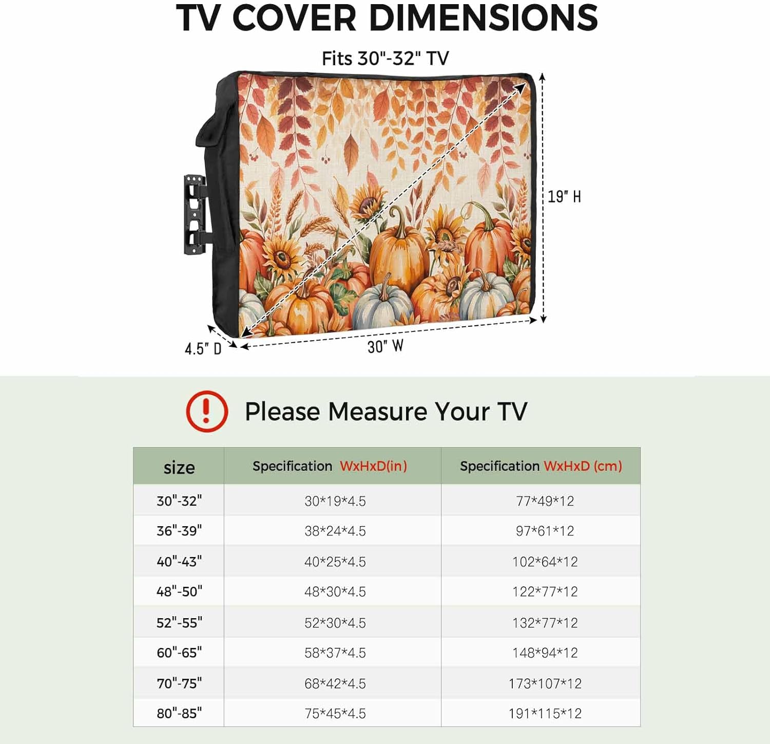Pumpkin Outdoor TV Cover Thanksgiving Decoration Fall Leaf Linen Waterproof and Weatherproof 40"-43" LCD Movable Shield TV Display Screen Protector Outside Television Covers 40"Wx25"H