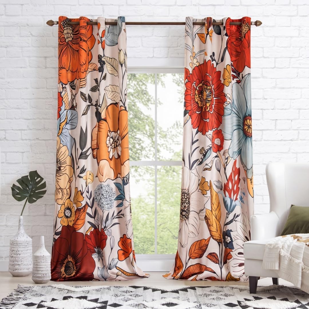Boho Floral Blackout Curtains for Bedroom 84 inch Long 2 Panels Vintage Retro Botanical Flower Patterned Black Out Curtains for Living Room Grommet Thermal Insulated Room Darkening Window Drapes 52x84