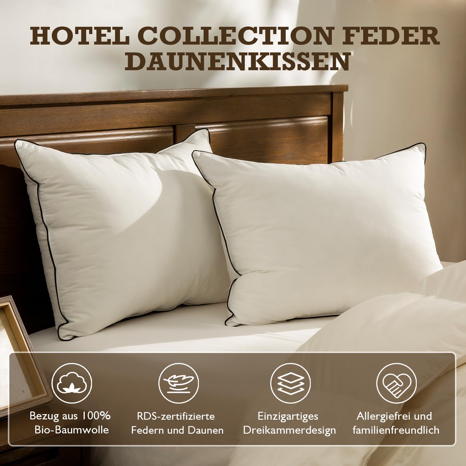 BPC Daunenkissen 80x80 Federkissen 2er Set, 3-Kammer Federn Daunen Kissen umgeben von Polyester und 100% Bio-Baumwollstoff, Weiches-Mittel Schlafkissen in Hotelqualität Kopfkissen, 80x80 cm