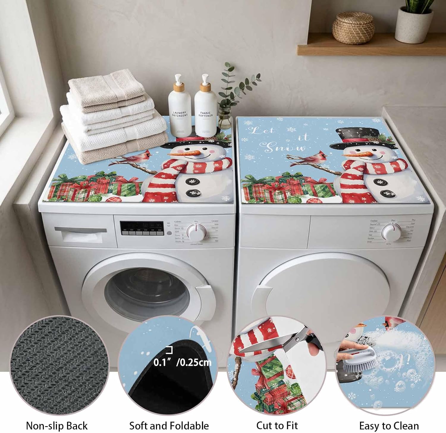 Washer and Dryer Covers for the Top, Light Blue Snowman Christmas Decorative Washing Machine Protector Mat, Non Slip Dryer Top Cover for Laundry Room, Winter Snowflake Xmas Gifts 27" x 27" (Pack of 1) image 3