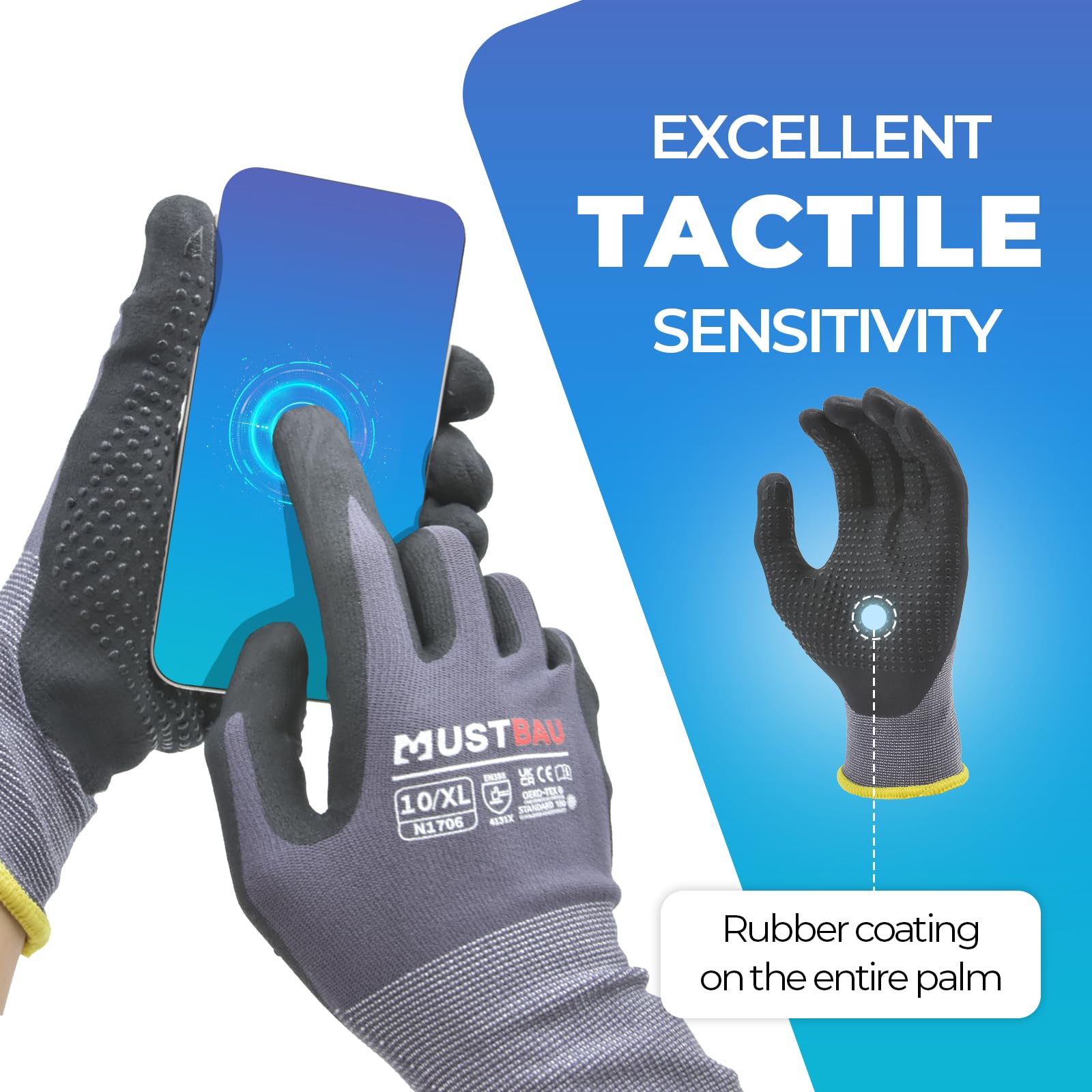 Lote De 12 Pares De Guantes De Trabajo Con Recubrimiento De Nitrilo - Tallas 7 A 10, Unisex