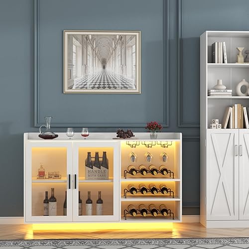Miniatura 9 de Loomie Gabinete de bar de vinos con luces LED, barra de café flotante con estante de vidrio y estantes de vino extraíbles, aparador de buffet