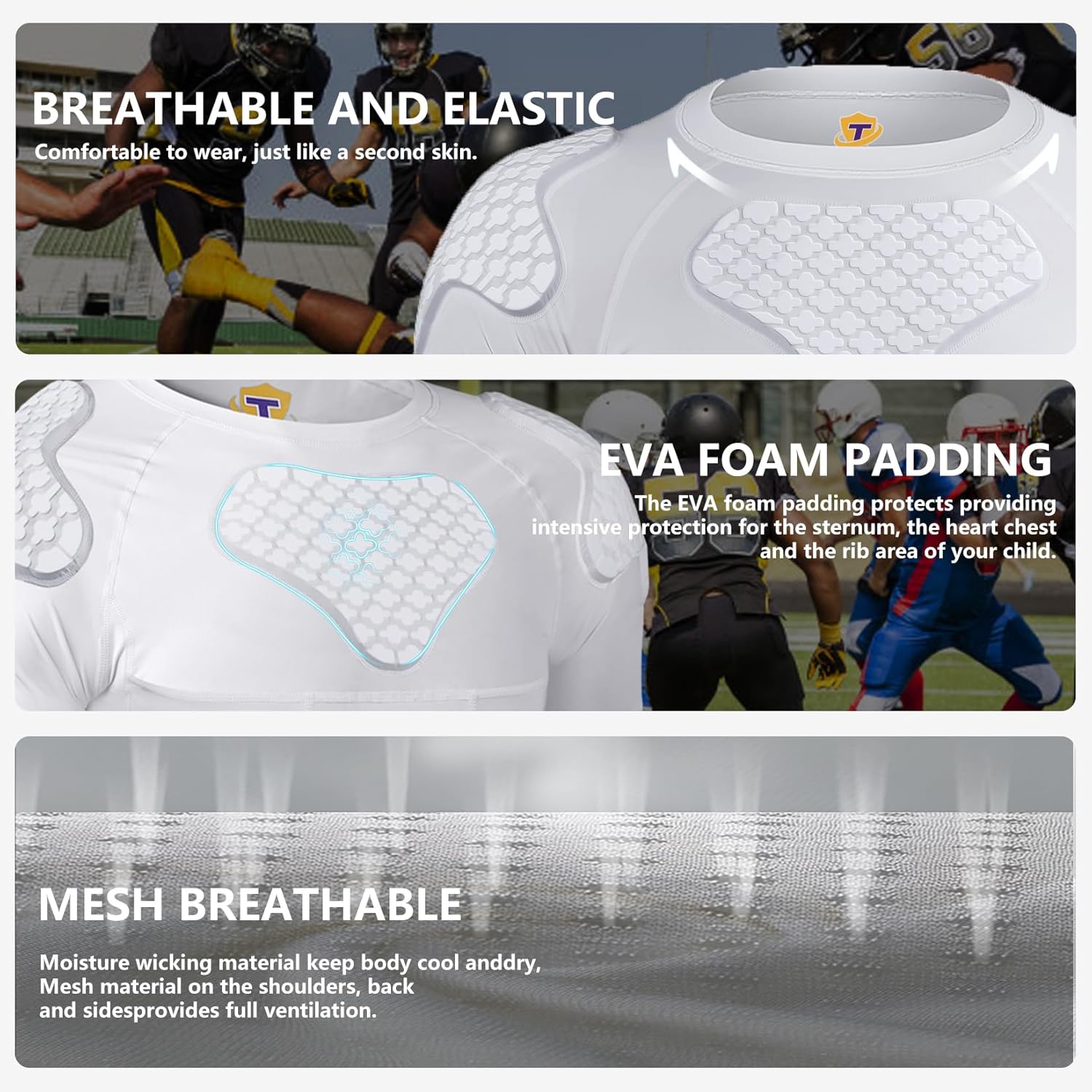 Men Padded Football Shirt Rib Chest Shoulder Protector Heart Guard Padded Compression Shirt 6-Pads Protective Gear for Baseball,Basketball - Image 5