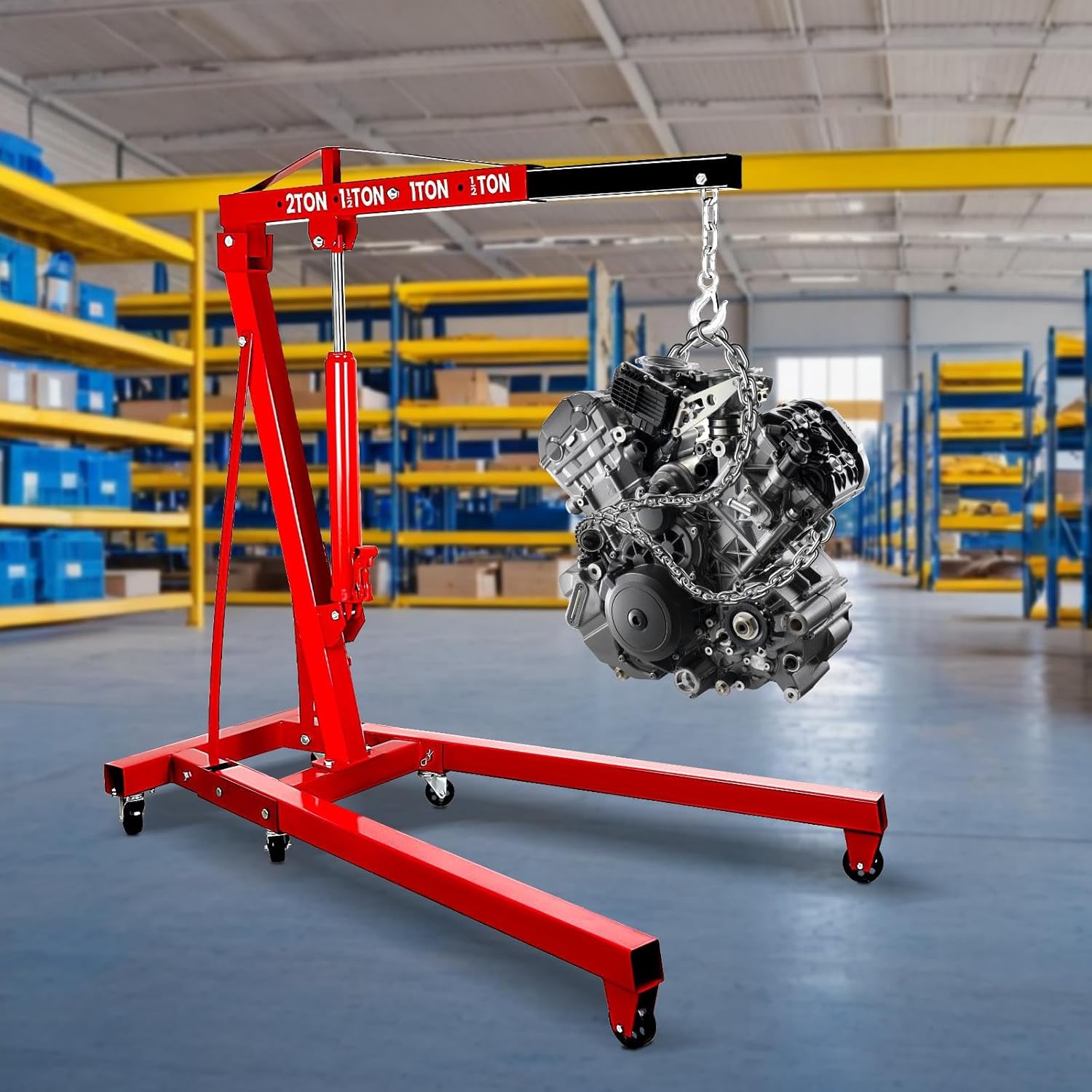 Workshop Crane Cherry Picker Shop Crane, 2-Ton Engine Lift with Engine Hoist Leveler, Cherry Picker Engine Hoist with Telescoping Boom 6 Caster Wheels, Engine Hoist for Automotive Repair Garage Use