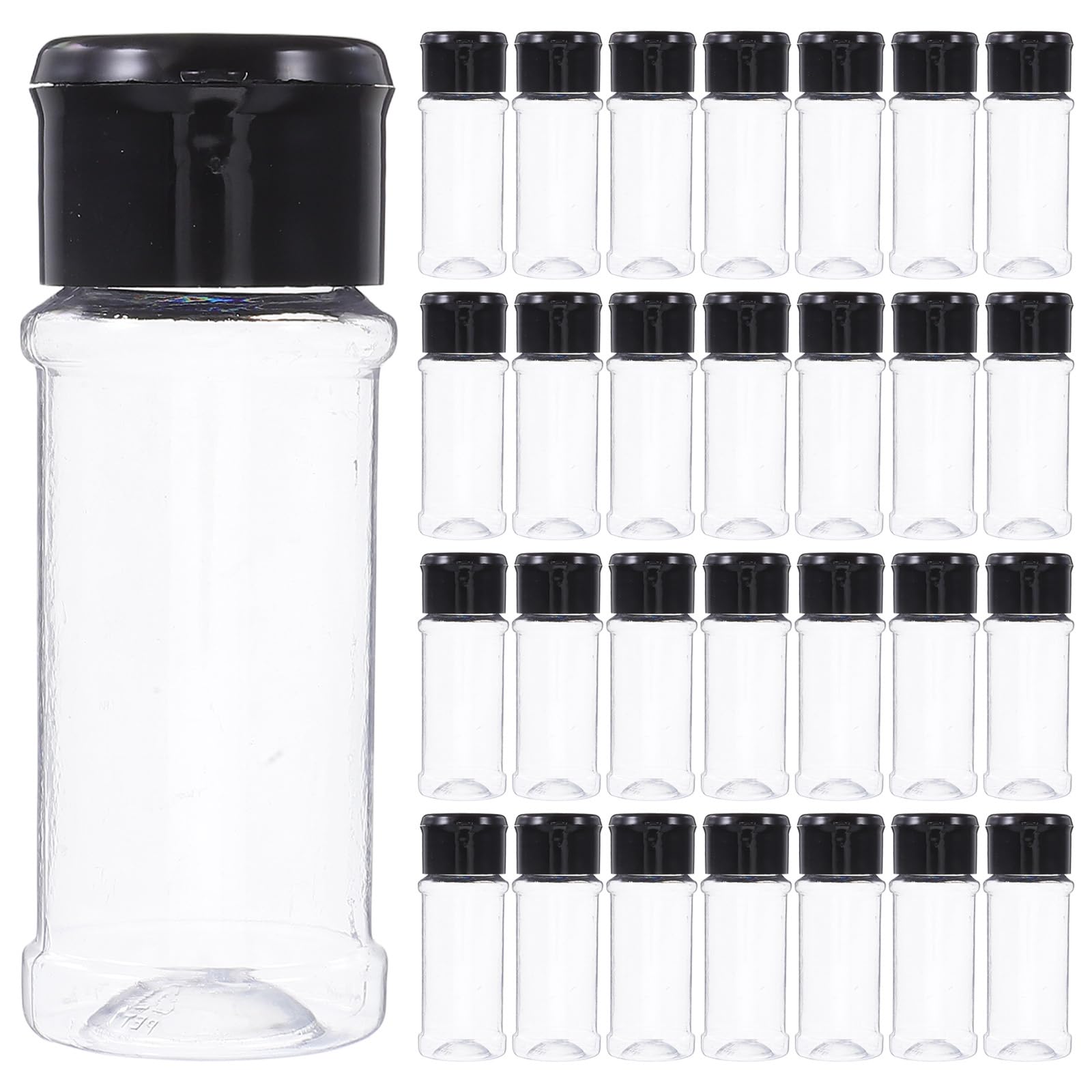 Cabilock 30 barattoli per spezie con coperchi neri, bottiglie vuote per condimenti da 100 ml, contenitori per condimenti in plastica per uso in cucina, per conservare spezie, condimenti e zucchero.