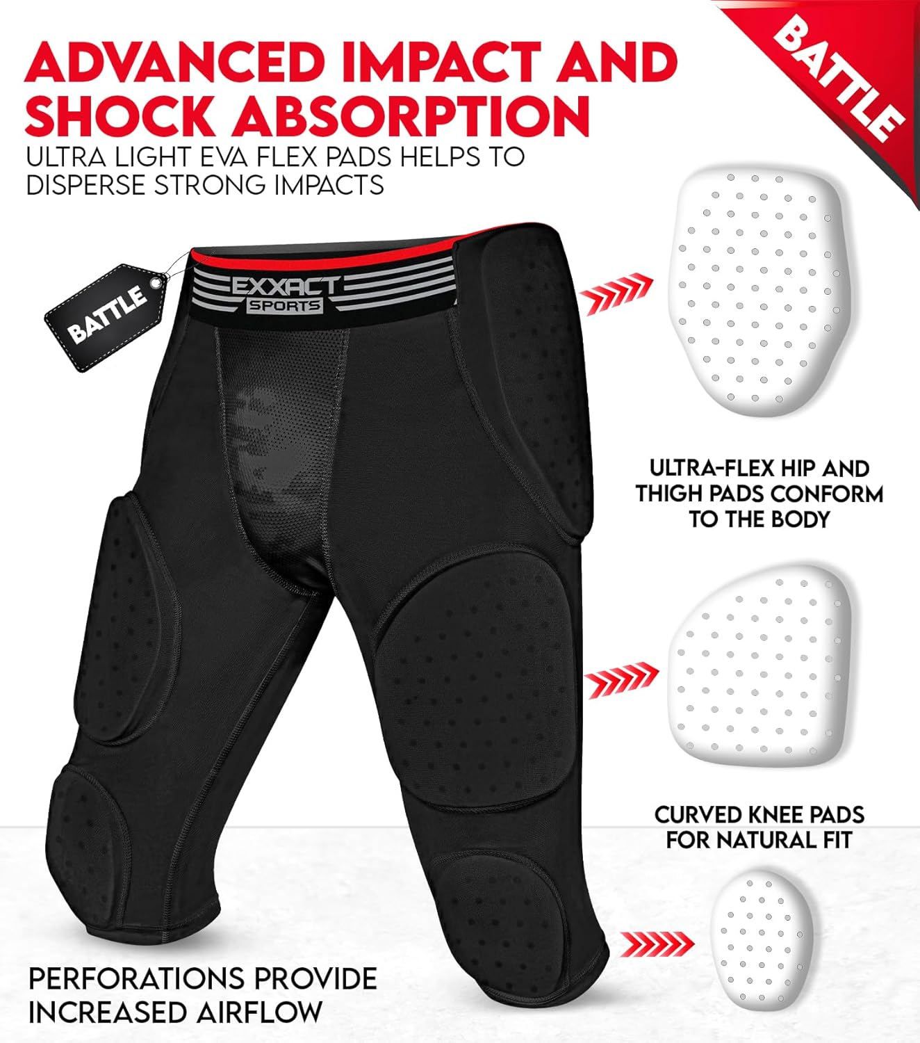 Exxact Sports Battle 7-Pad Football Girdle for Men & Boys with Cup Pocket - Lightweight Padded Compression Shorts with Integrated Ultra Flex Pads, Girdle Football - Image 3