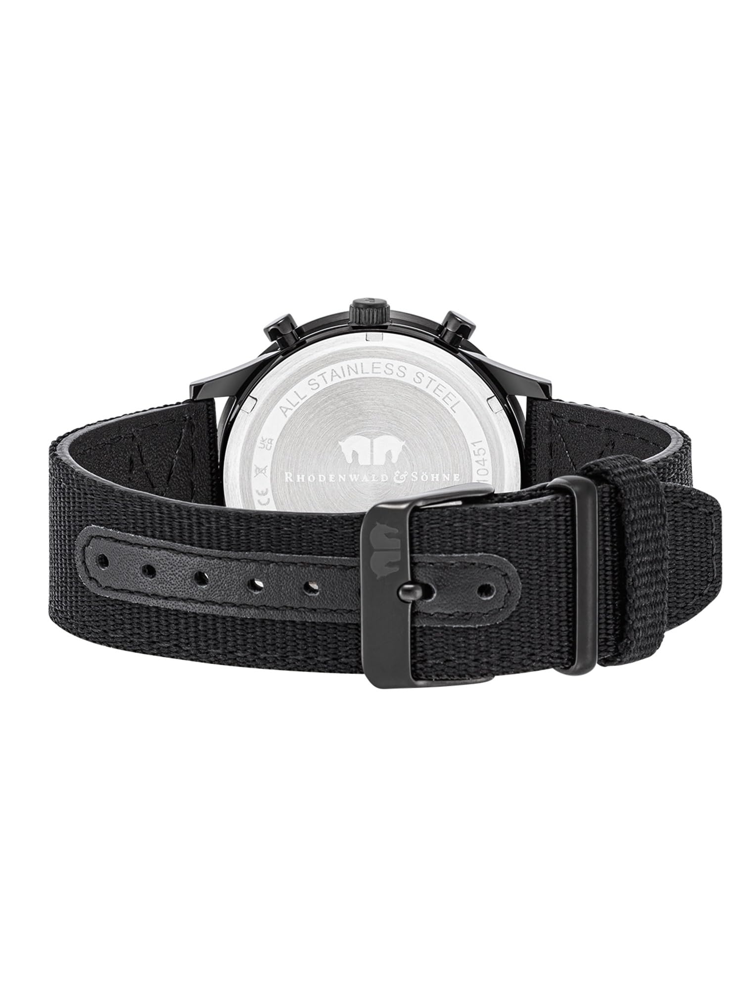 Rhodenwald & Söhne Herren Uhr Edelstahl schwarz Quarzwerk 5 ATM | Nylon Armband, schwarz, keine Prägung, Chronograph, Zifferblatt schwarz, Mineralglas, Armbanduhr
