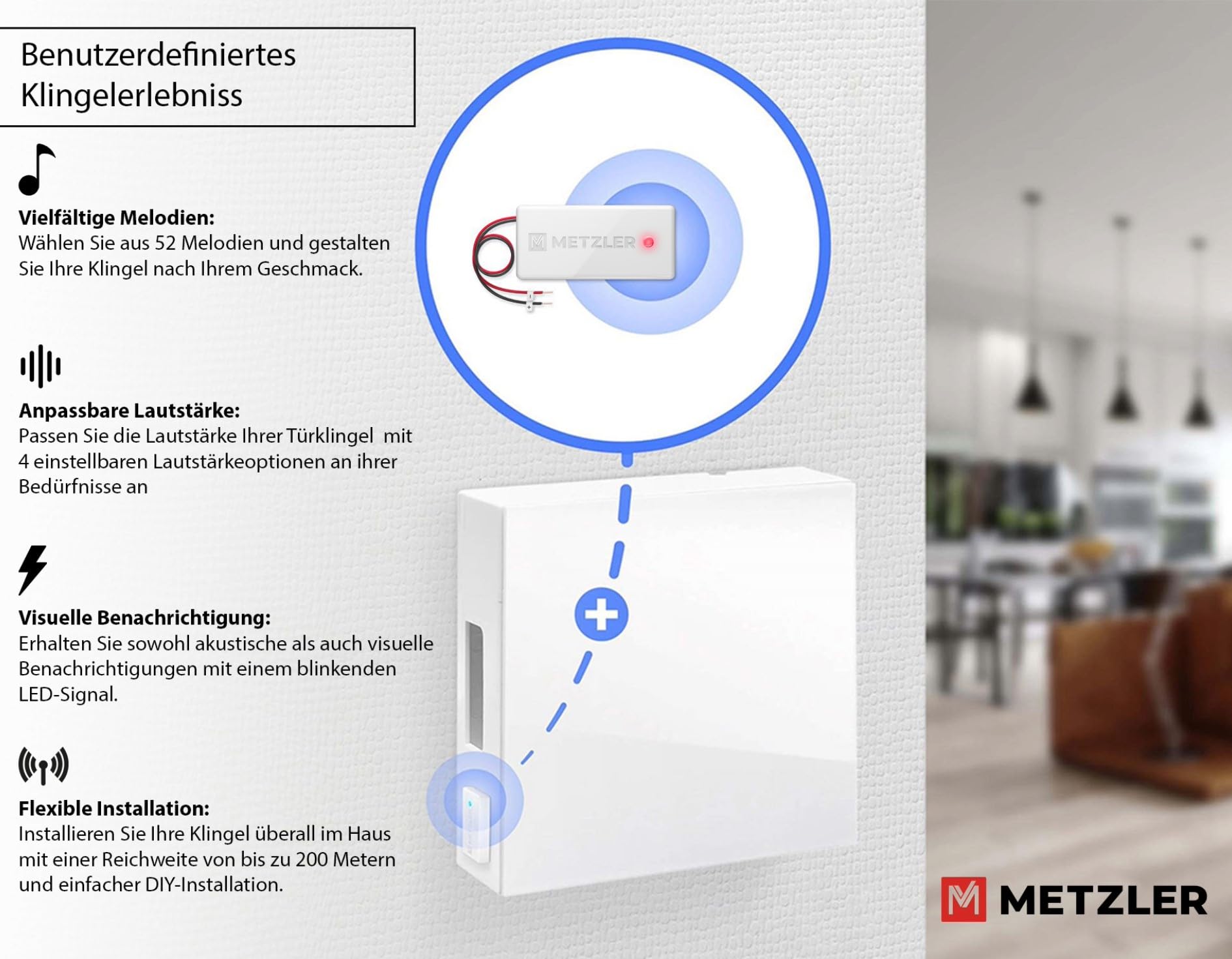 Metzler Transmetteur de signal radio - Convertisseur sans fil pour systèmes de sonnette existants - Kit carillon sans fil (MT4.0 - Montage et émetteur de batterie, récepteur de prise)