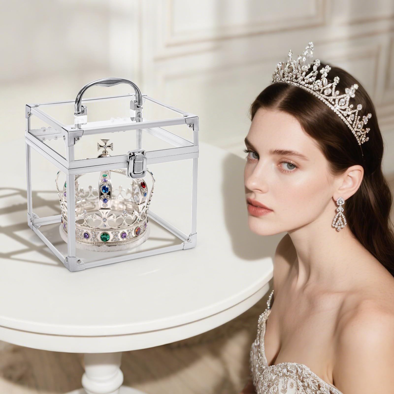 Okllen Transparent Acrylic Crown Box with Portable Handle, Silver