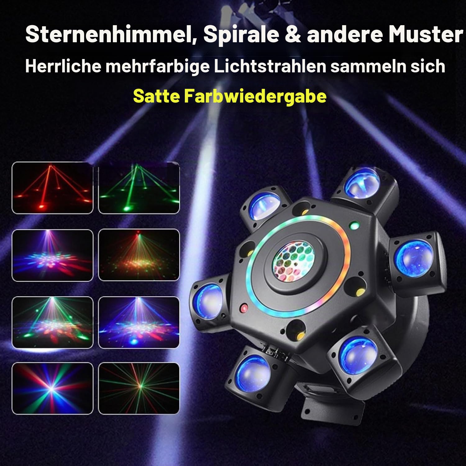 Multi-Beam-LED-Atmosphärenlicht,150W 6 Arms Beam Rotating Stage Lights,0-100% Dimmung,Laser/Strobe,Support Remote& Sound Activated für DJs, Bands, Bars, Lasershow (Schwarz)