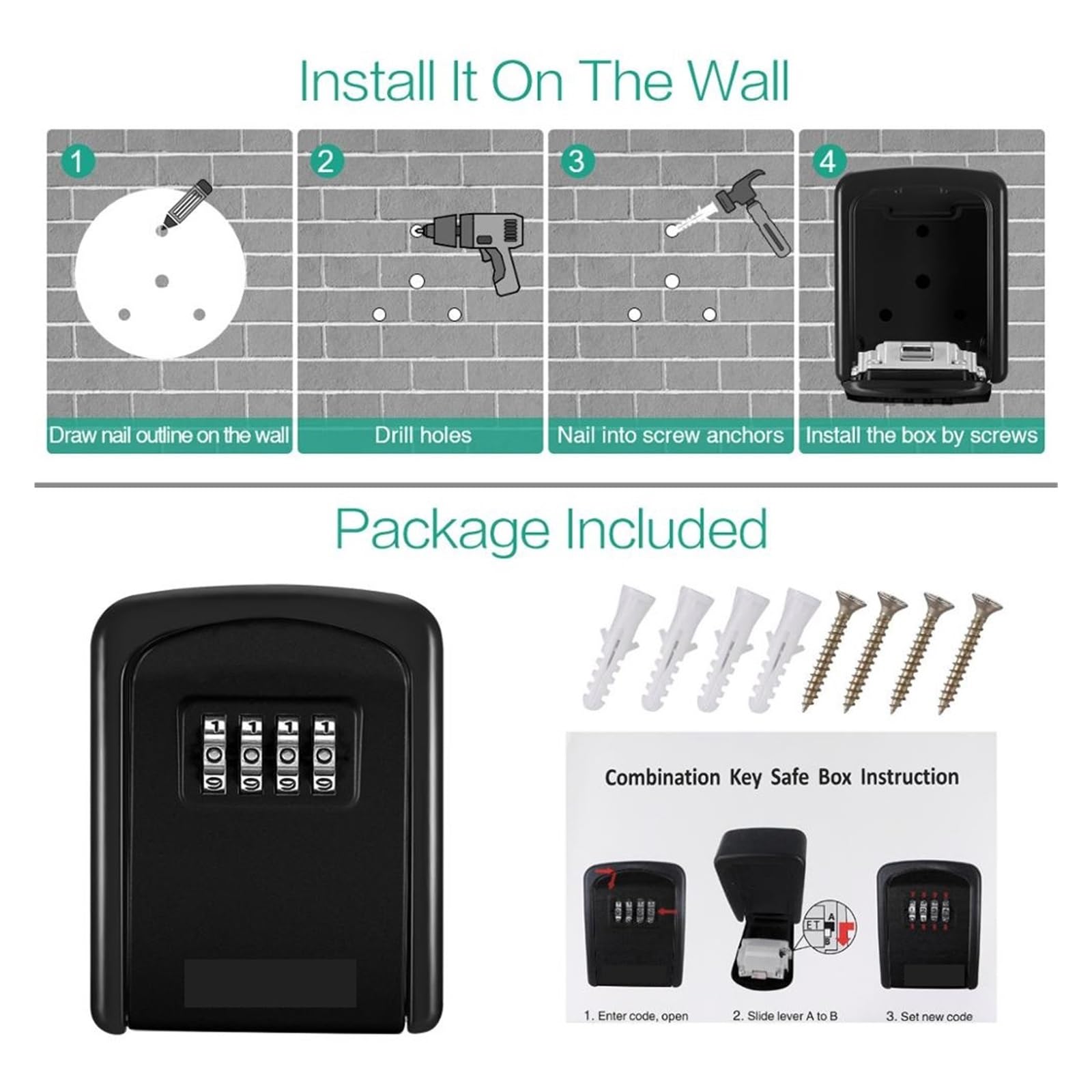 Caja fuerte impermeable para montar en la pared con llave y cerradura secreta para exteriores. Cuenta con código Detive y protección de contraseña, ideal para seguridad del hogar.