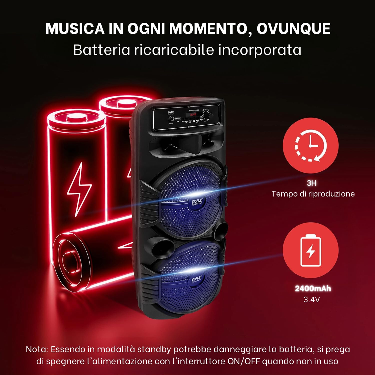 Pyle Cassa Bluetooth Portatile, Sistema PA Ricaricabile 600 Watt, Altoparlante Esterno con Doppio Subwoofer da 20 Centimetri, Tweeter da 2,5 Centimetri, Microfono, Luci