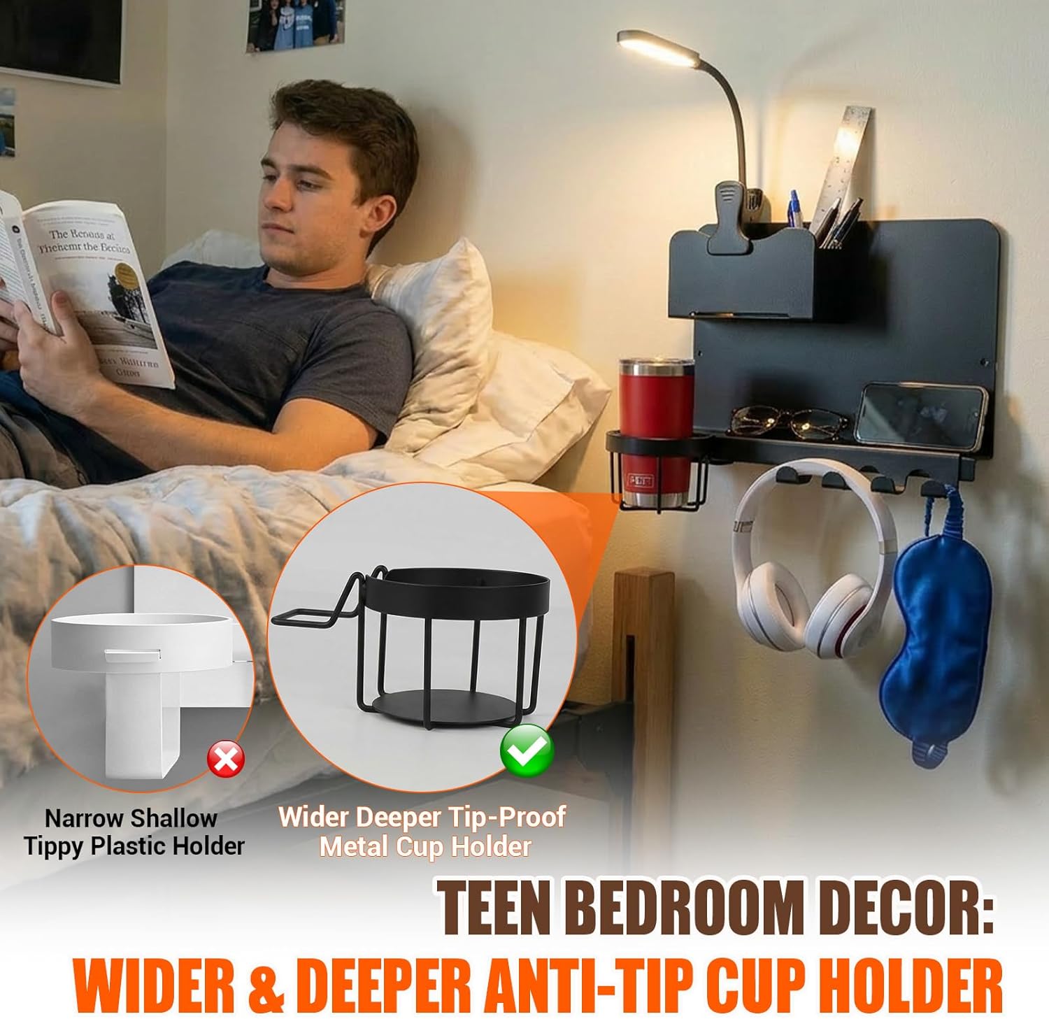 Floating Bedside Shelf & Bedside Wall Organizer, Metal with Detachable Cup Holder, No-Drill Wall Mounted Storage for Bedroom, Dorm, Teen Girls Room, Loft Bed, RV, Bunk Bed & Small Space Organization
