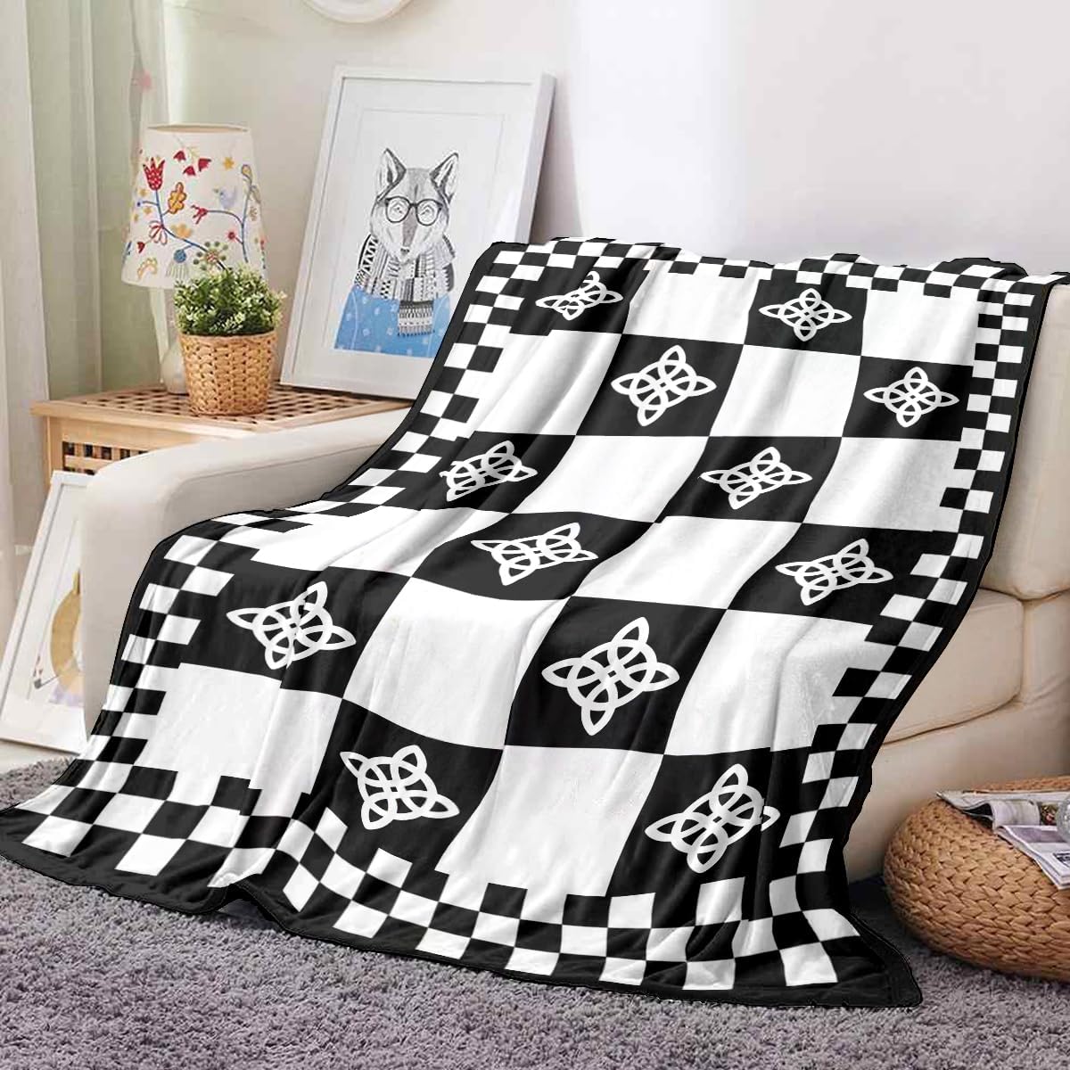 NIGHTCRUZ Witch Knot Throw Blanket, Black and White Checkered Pattern, Celtic Knot Decorative Blanket for Sofa and Couch (80" x 60")