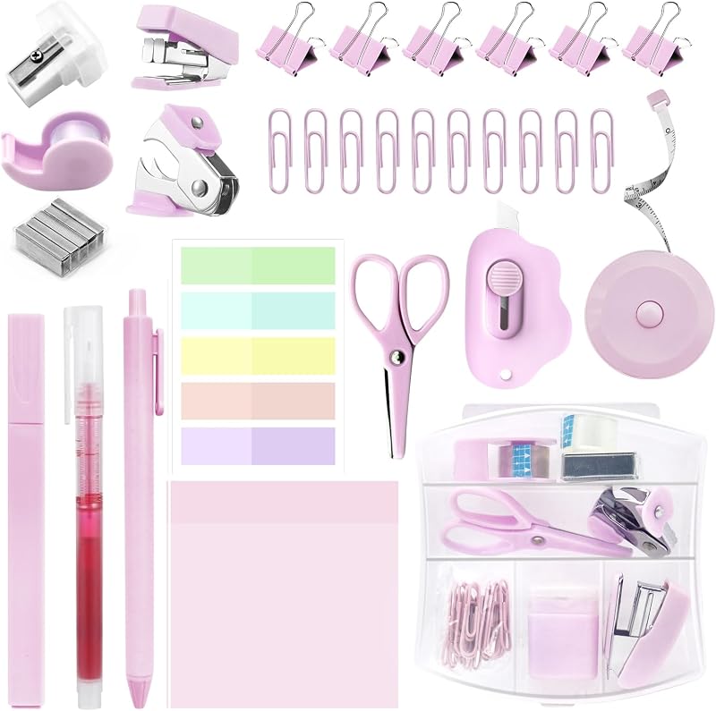 Mini kit de suministros escolares, grapadora rosa con grapas y dispensador de cinta, mini juego de papelería que incluye notas adhesivas, pestañas de índice, resaltadores, bolígrafos de gel para suministros de oficina y regreso a la escuela
