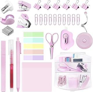 Mini School Supplies Kit, Pink Mini Stapler with Staples and Tape Dispenser Set, Mini Stationary Set Includes Sticky Notes Index Tabs Highlighters Gel Pens for Office & Back to School Supplies