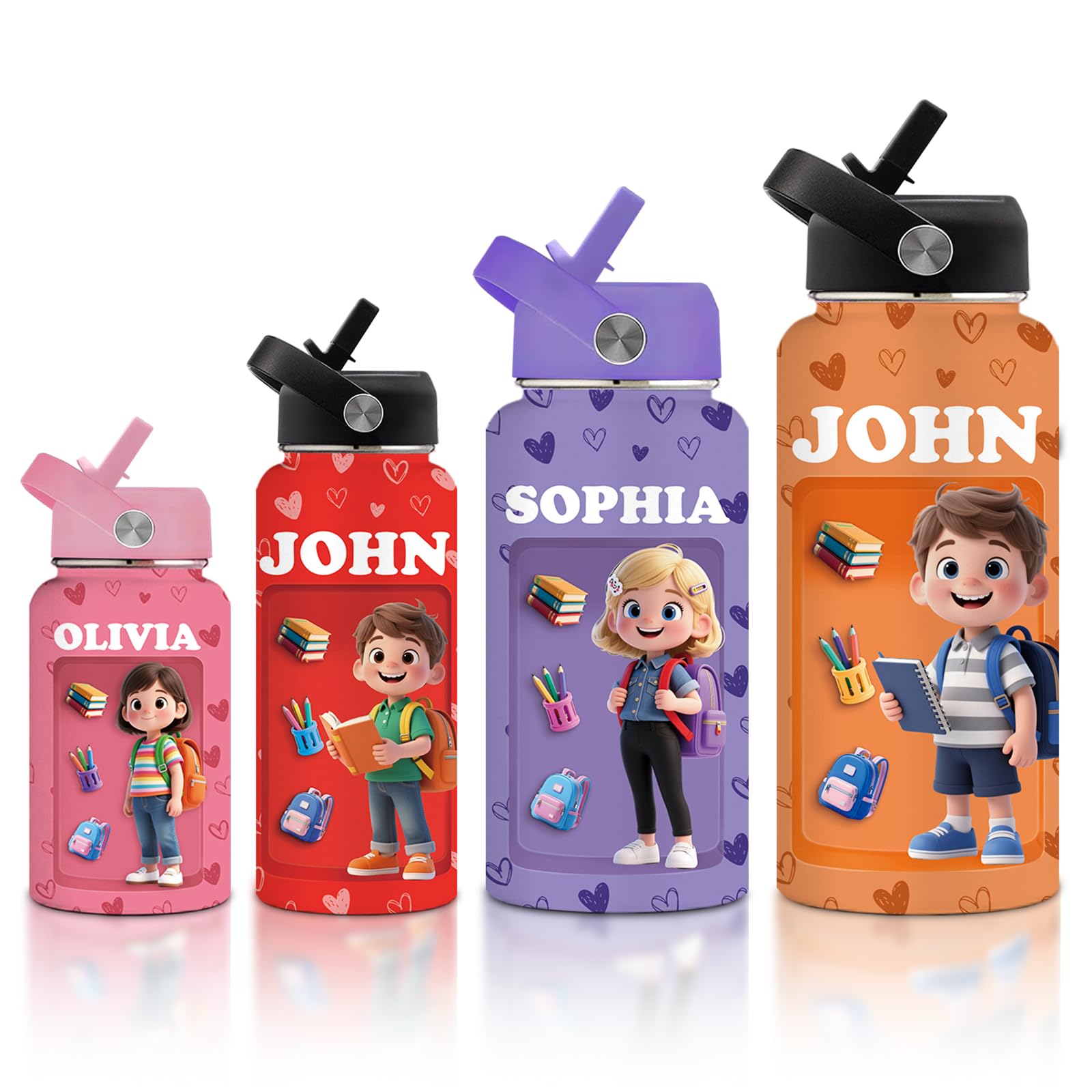 Custom Water Bottle Personalized 3D Photo Stainless Steel Insulated Bottles Straw Lid with Name for Kids Women Men