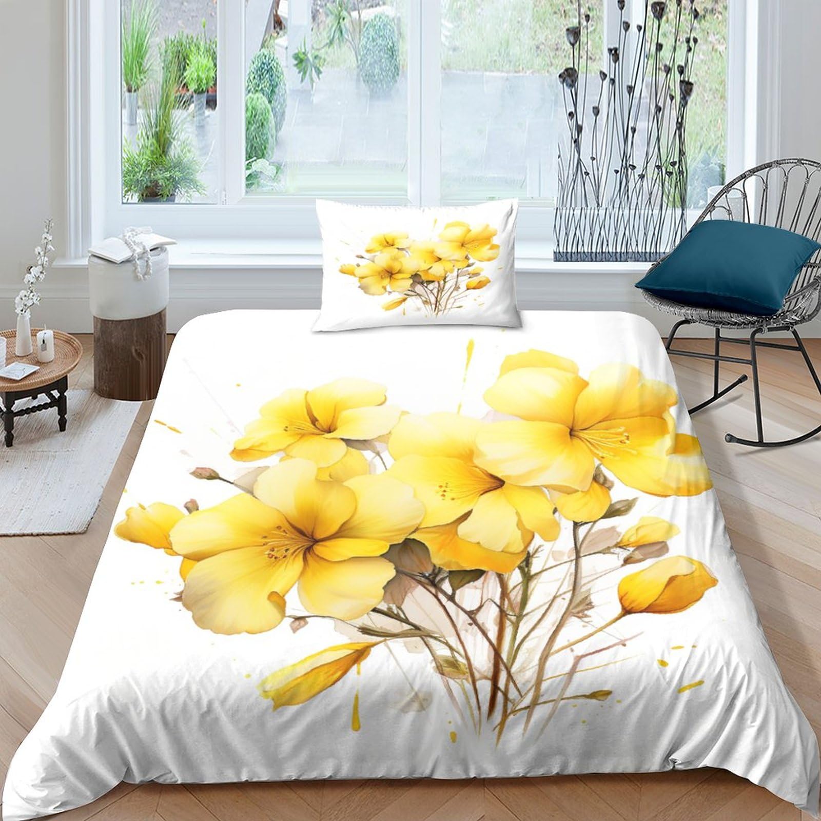 Housses de couettes fleurs jaunes 135x200 parure de lit microfibre lit simple IOFEER