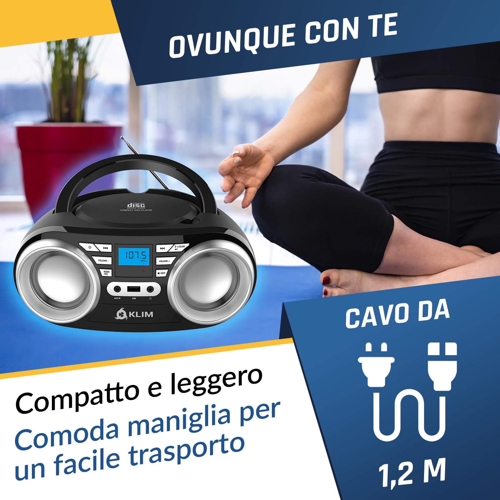 KLIM B3 Lettore CD Portatile Boombox Con Radio FM, Bluetooth, USB e AUX - Doppi Altoparlanti di Alta Qualità, Effetti Sonori EQ, 20 Stazioni Preimpostate, Compatto e Leggero