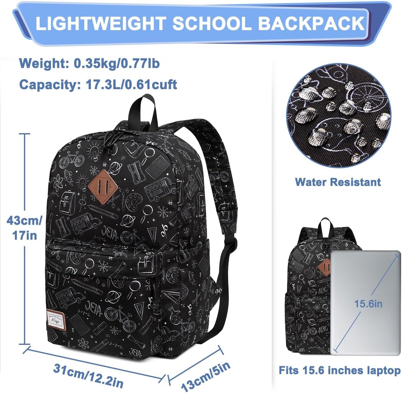 Kasqo Backpack for Women Men,Classic Lightweight Water-Resistant Bookbag for Teen Girls Boys,Travel School Casual Daypack - Image 2