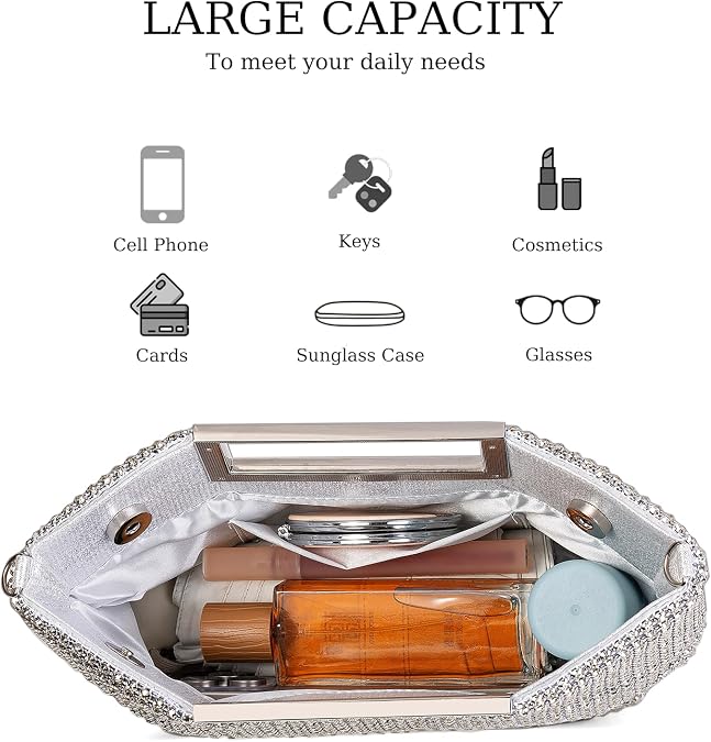 Womens Top Handle Clutch Purses, Sparkly Rhinestone Glitter Evening Handbag Shoulder Crossbody bag for Wedding Prom Party