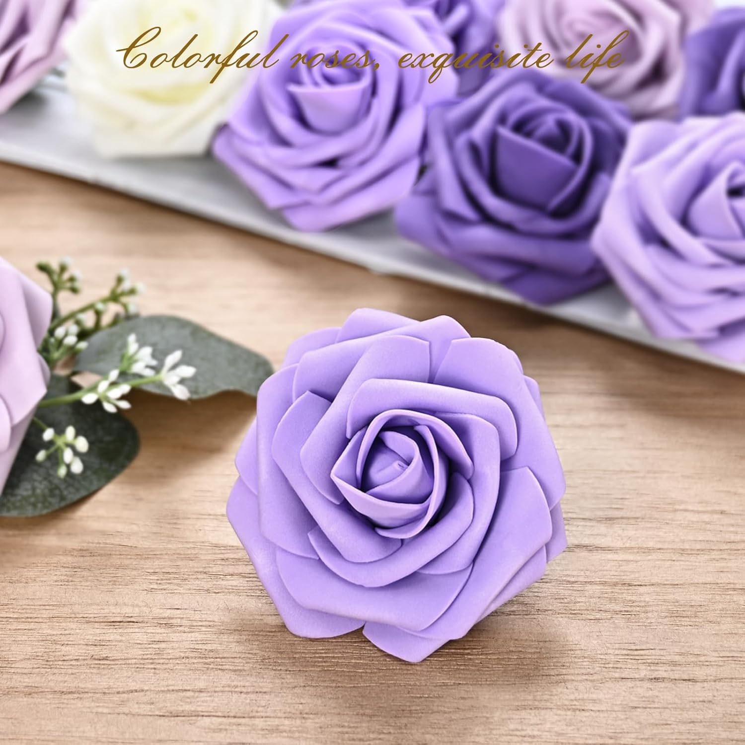 BLEUM CADE 16Pcs Artificial Flowers Fake Roses with Stems, Gradient Purple Boxed Foam Roses for DIY Bouquets Centerpieces Wedding Party Arrangement Bridal Shower Decor - Image 2