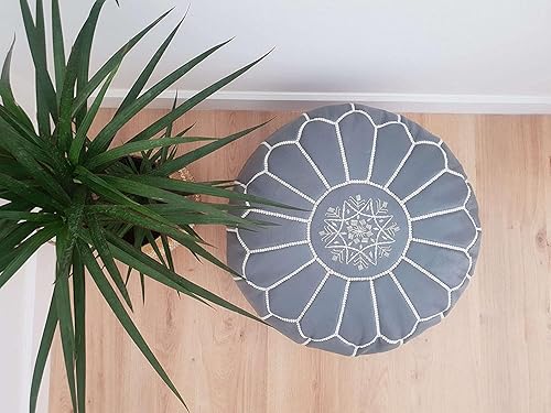 Miniatura 3 de ARTOUARZAZATE Funda para puf de cuero marroquí de alta calidad, funda para taburete otomano redondo y grande con bordado, solo funda, perfecta para