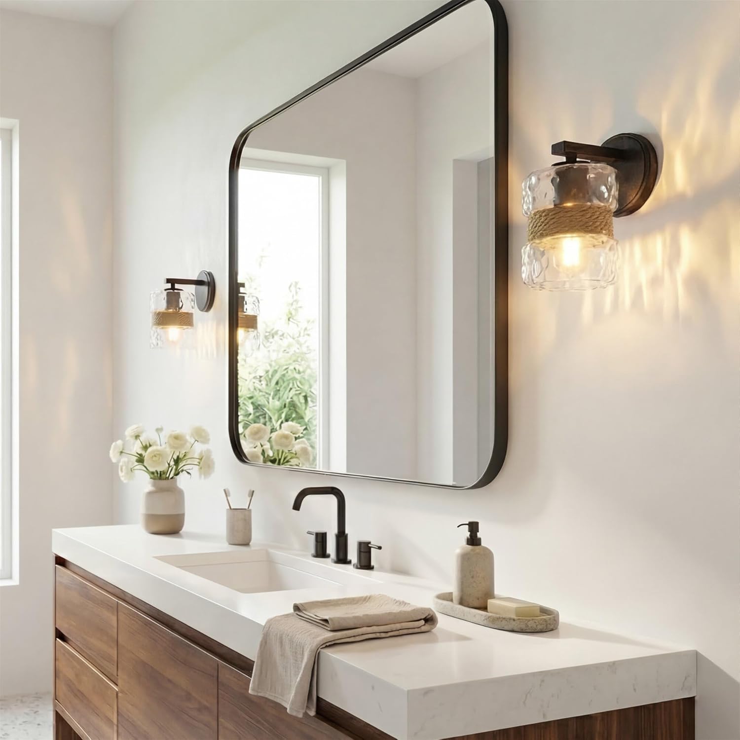 Kira Home Sage 9.5" Modern Wall Sconce + Hammered Glass Shade, Textured Black Finish