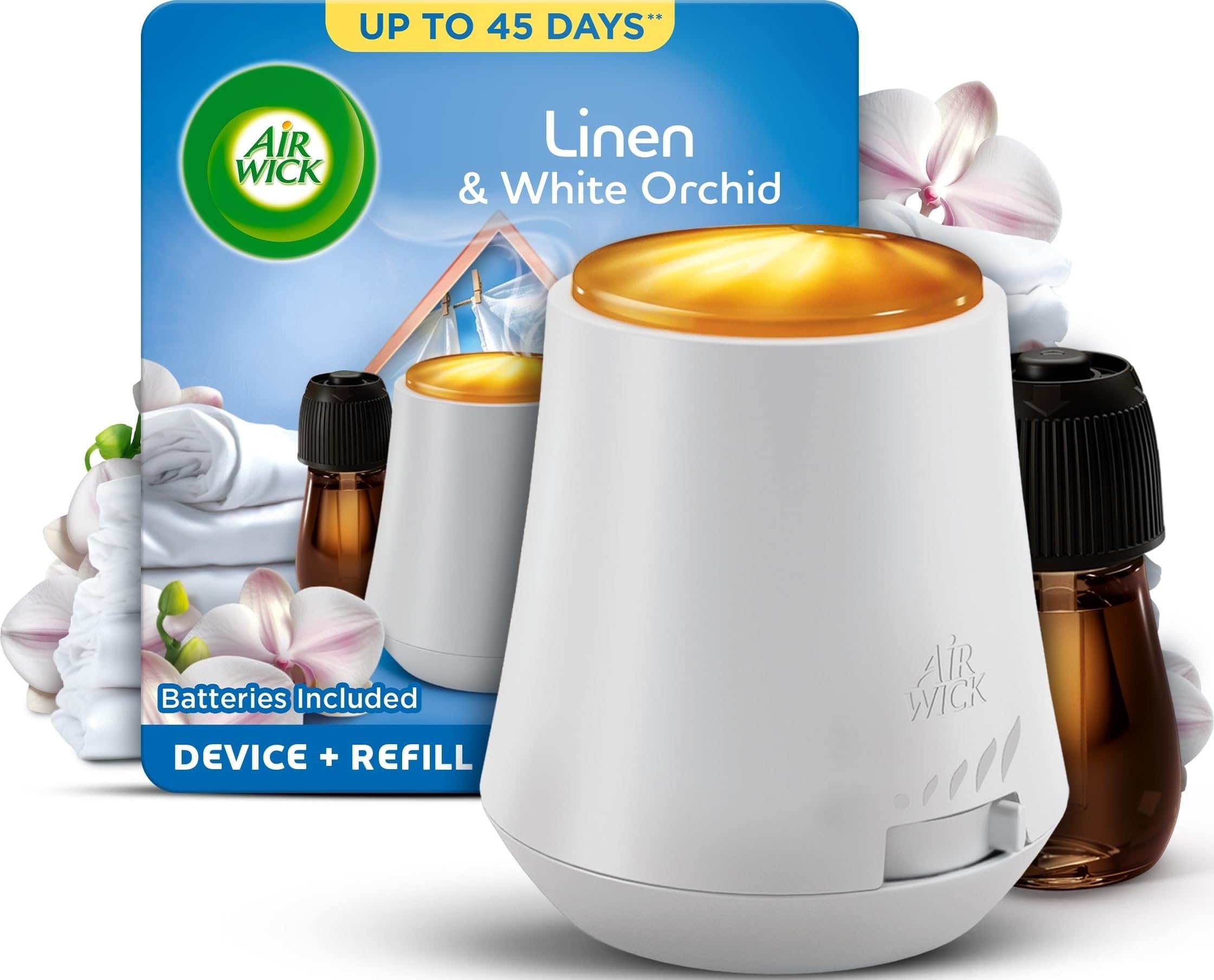 Air Wick Essential Mist Diffuser Kit, Linen & Petals,1 Device & 1 refill (20 ml),Natural Essential Oils, Last up to 45 days, Air freshener