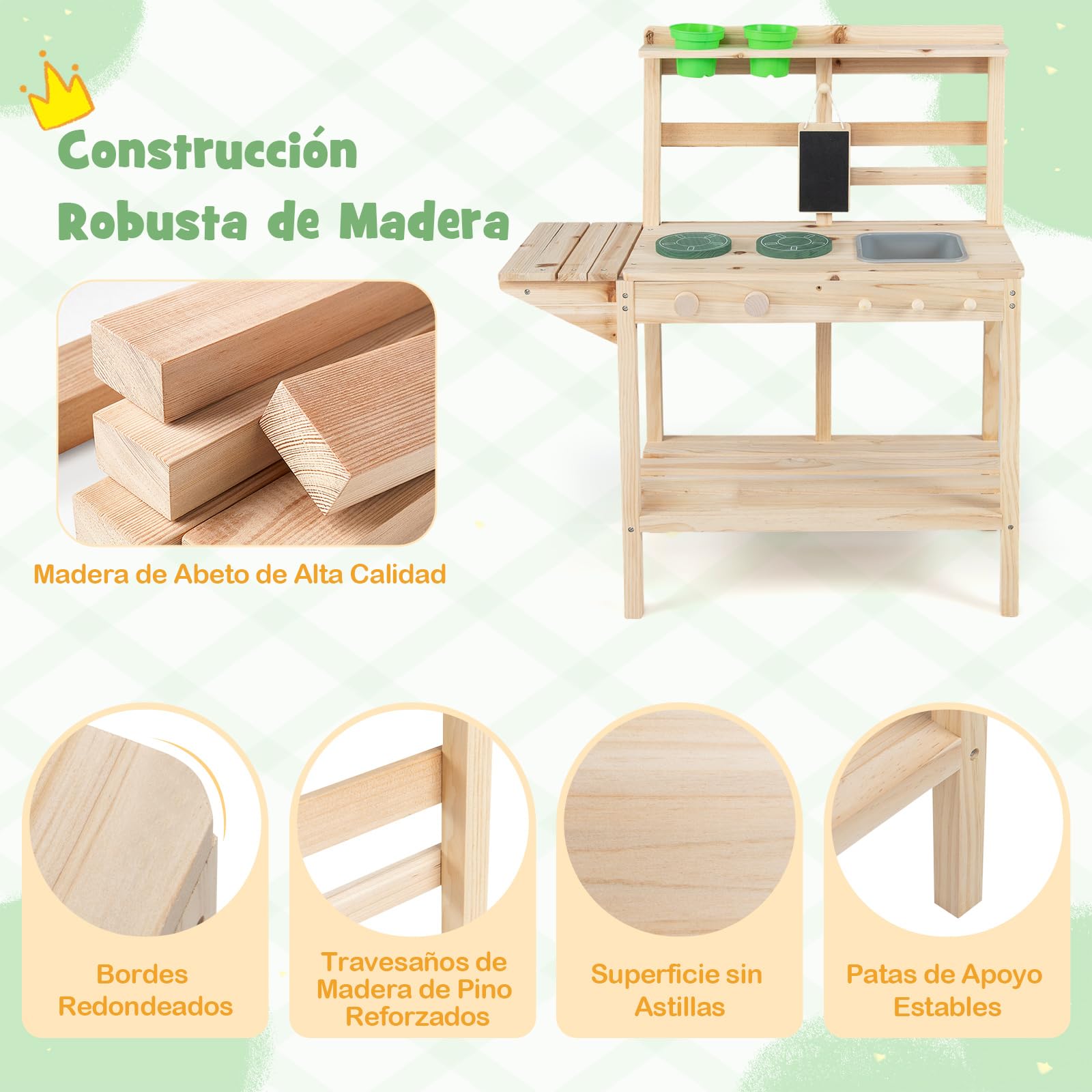 COSTWAY Cocina de Barro para Niños, Cocinita de Madera para Exterior con Fogones, Pomos Giratorios y Pizarra, Macetas, Estantes de Almacenaje, Cocinita Infantil de Barro para Niños de 3+ Años