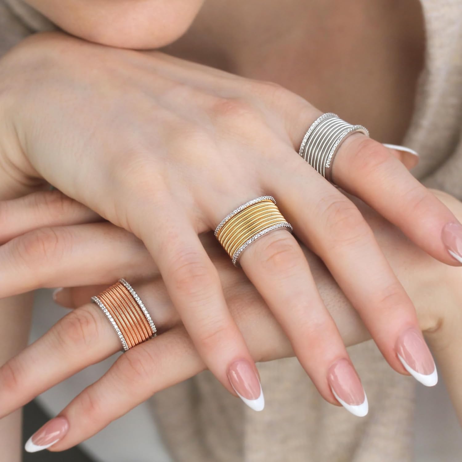 DoubleAccent 14K Yellow Gold Plated Sterling Silver Modern Style Wire Mesh Design CZ Pave Band Right Hand Ring 12mm