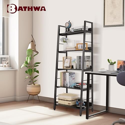 Miniatura 5 de BATHWA Estantería para libros de 5 niveles, estantería industrial de madera abierta y metal, estante de escalera de madera de 59 pulgadas de alto y