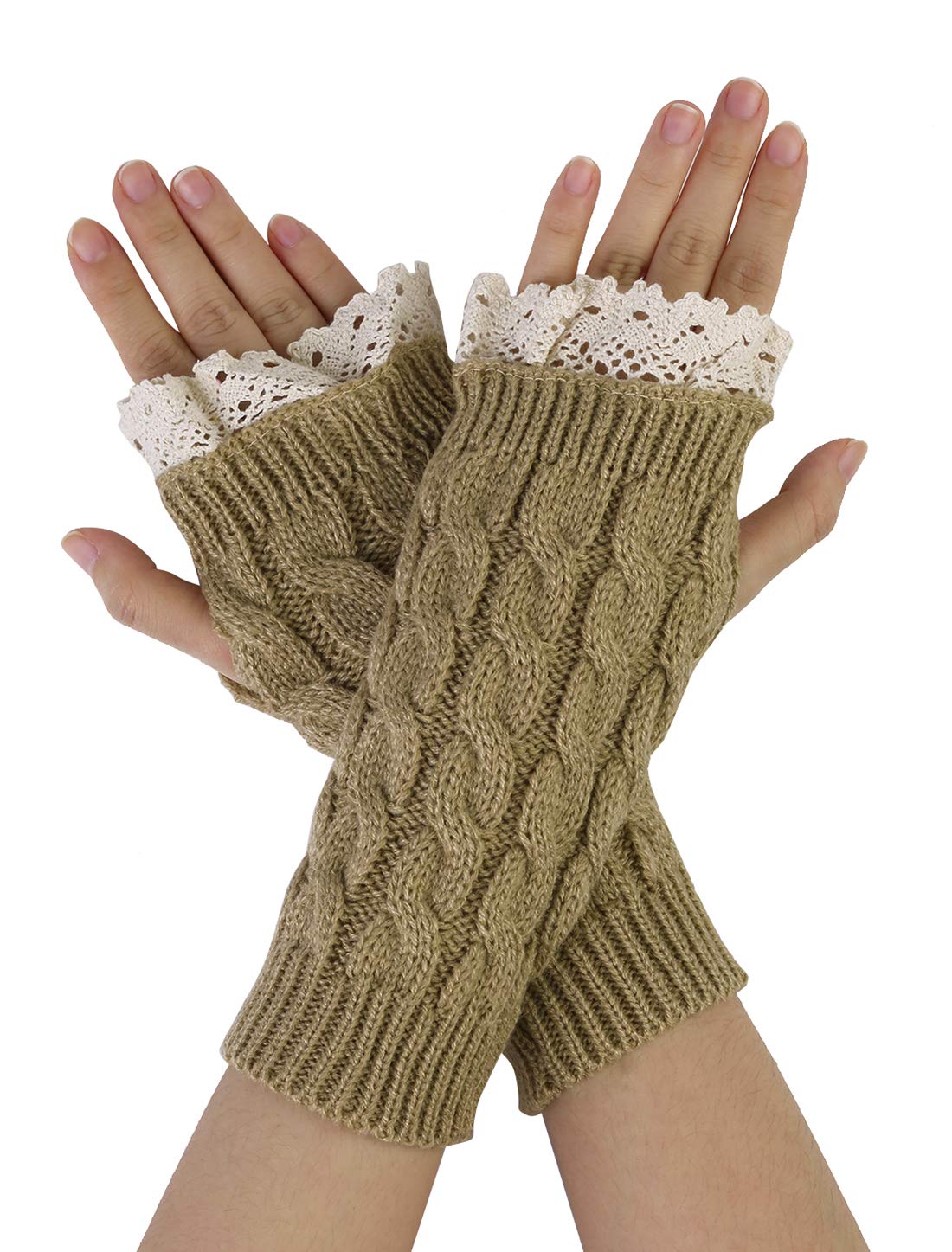 Uxcell Women's Sand-Lace Sourcing Map Arm Warmers Wrist Length Knit Fingerless Gloves With Lace Glove Length 20 Cm/7.87"