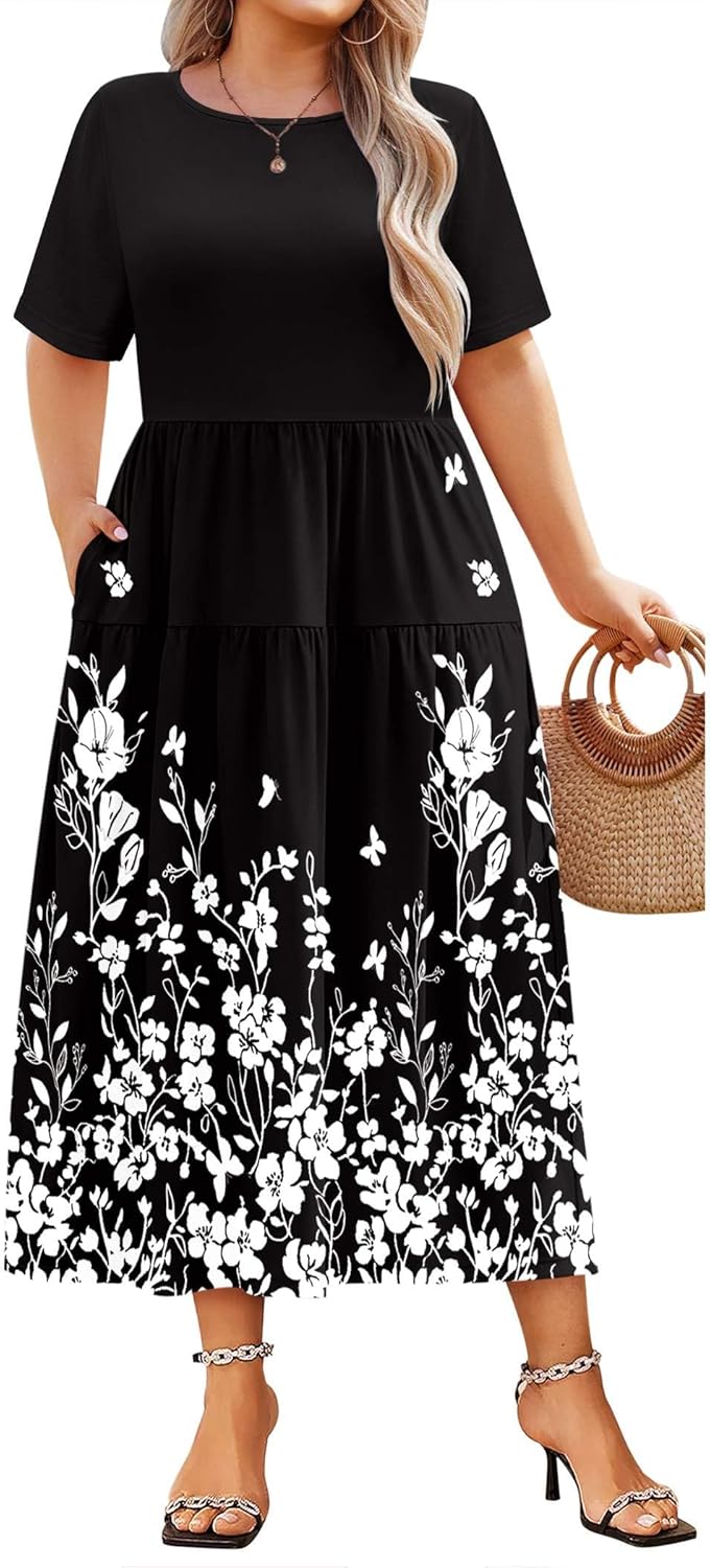 IN'VOLAND Plus Size Casual Dress for Women Bohemian Short Sleeve Flowy Loose Maxi Summer Beach Swing Dresses with Pockets