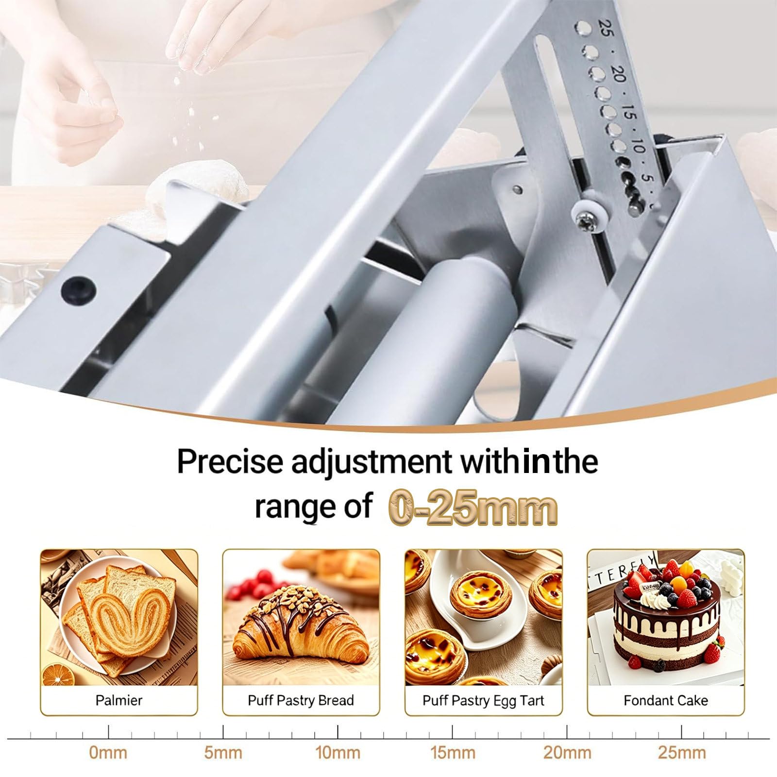 15.8" Sfogliatrice Pasticceria Manuale Pieghevole Acciaio Inossidabile,Spessore Regolabile 0-25 mm,Sfogliatrice Professionale Pasticceria,per Panetteria,Pizza,Croissant 300
