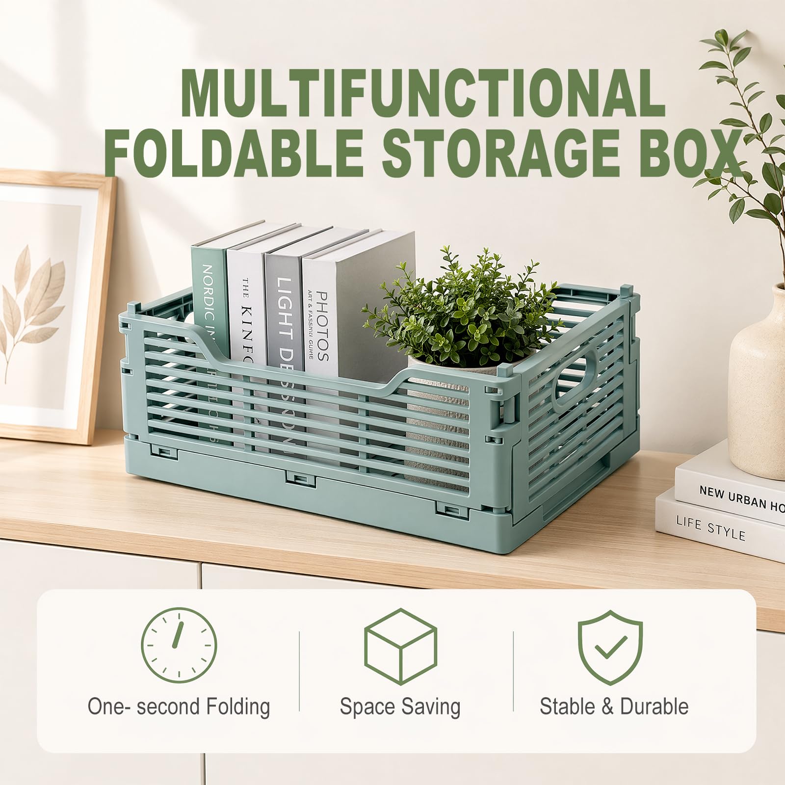 Juego de 4 cajas plegables, 40 x 30 x 15,5 cm, cesta de almacenamiento plegable, apilable y ahorra espacio, caja plegable de plástico para cocina, dormitorio, aula, oficina