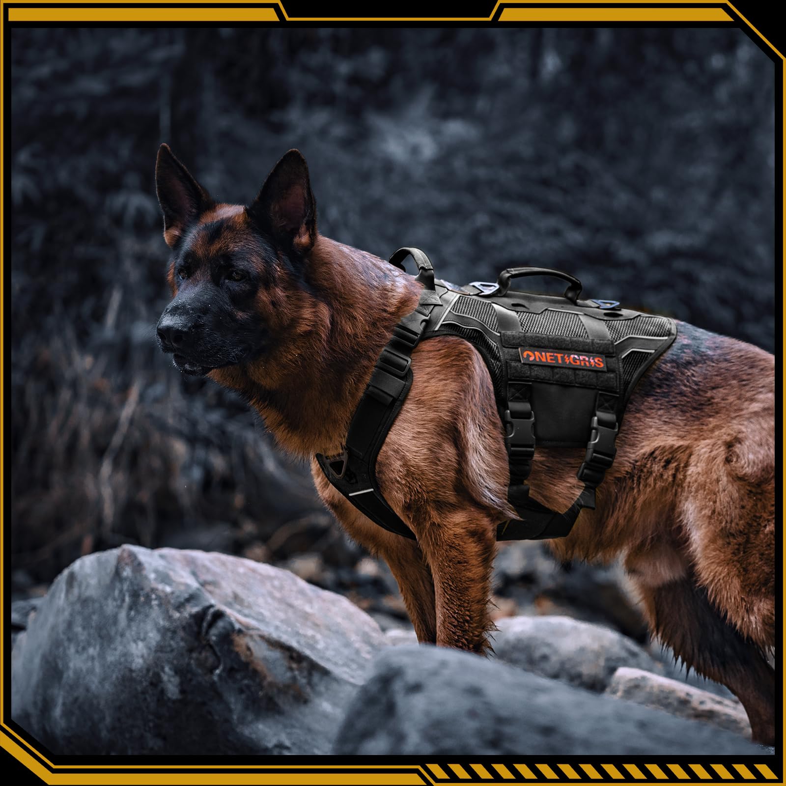 OneTigris Arnés Pecho Antitirones Perros, Aire Armor Mesh Arnés Perro Reflectante Ajustable, Táctica Arnes Perro Grande Mediano, con 2 Asas y 3 Anillos, con Sistema Molle - Negro L