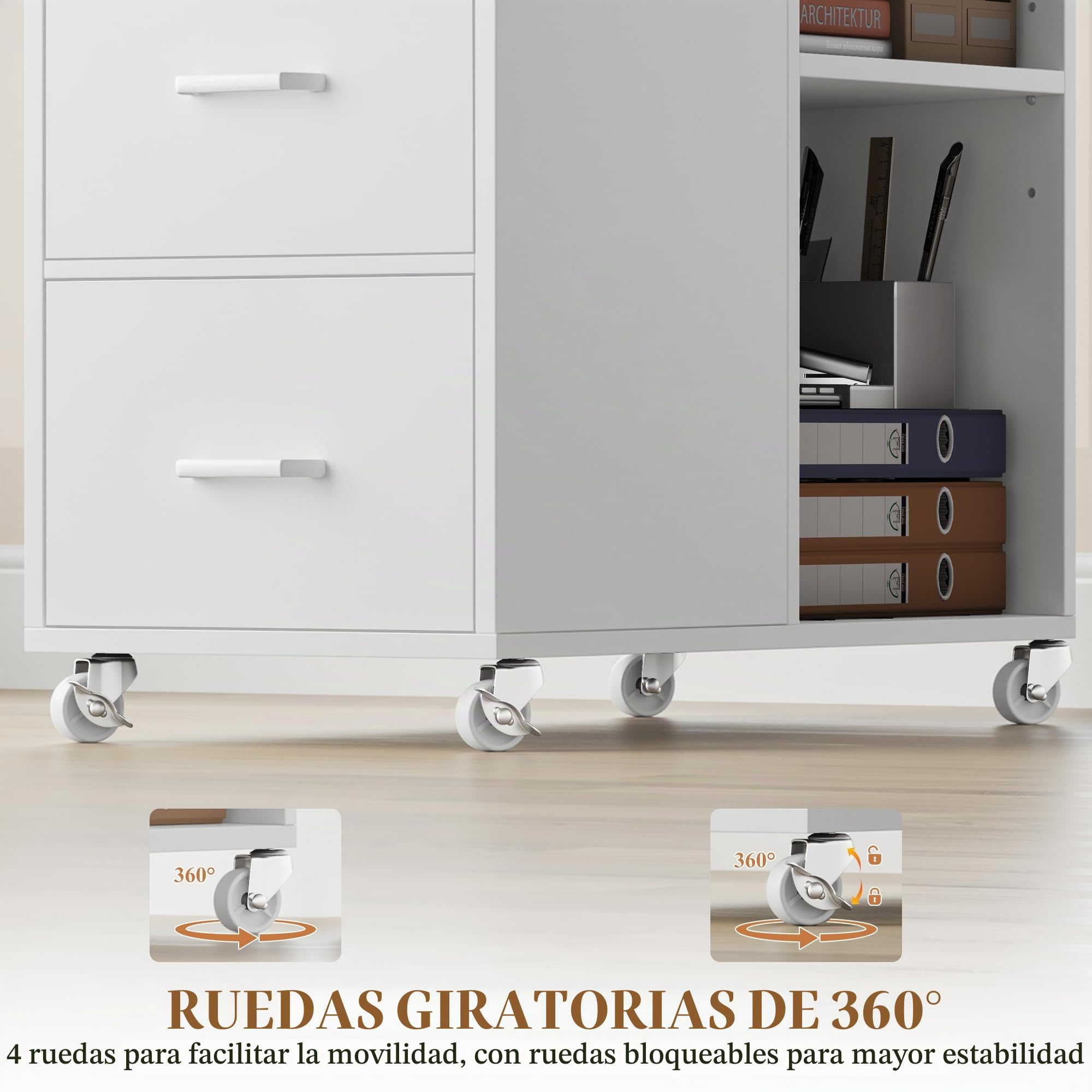 HOCSOK Mesa Auxiliar para Salón Dormitorio y Oficina Mesa Lateral para Sofá y Cama con Ruedas Archivador Móvil con 2 Cajones y 3 Estantes de Madera 60 x 30 x 65 cm (White)