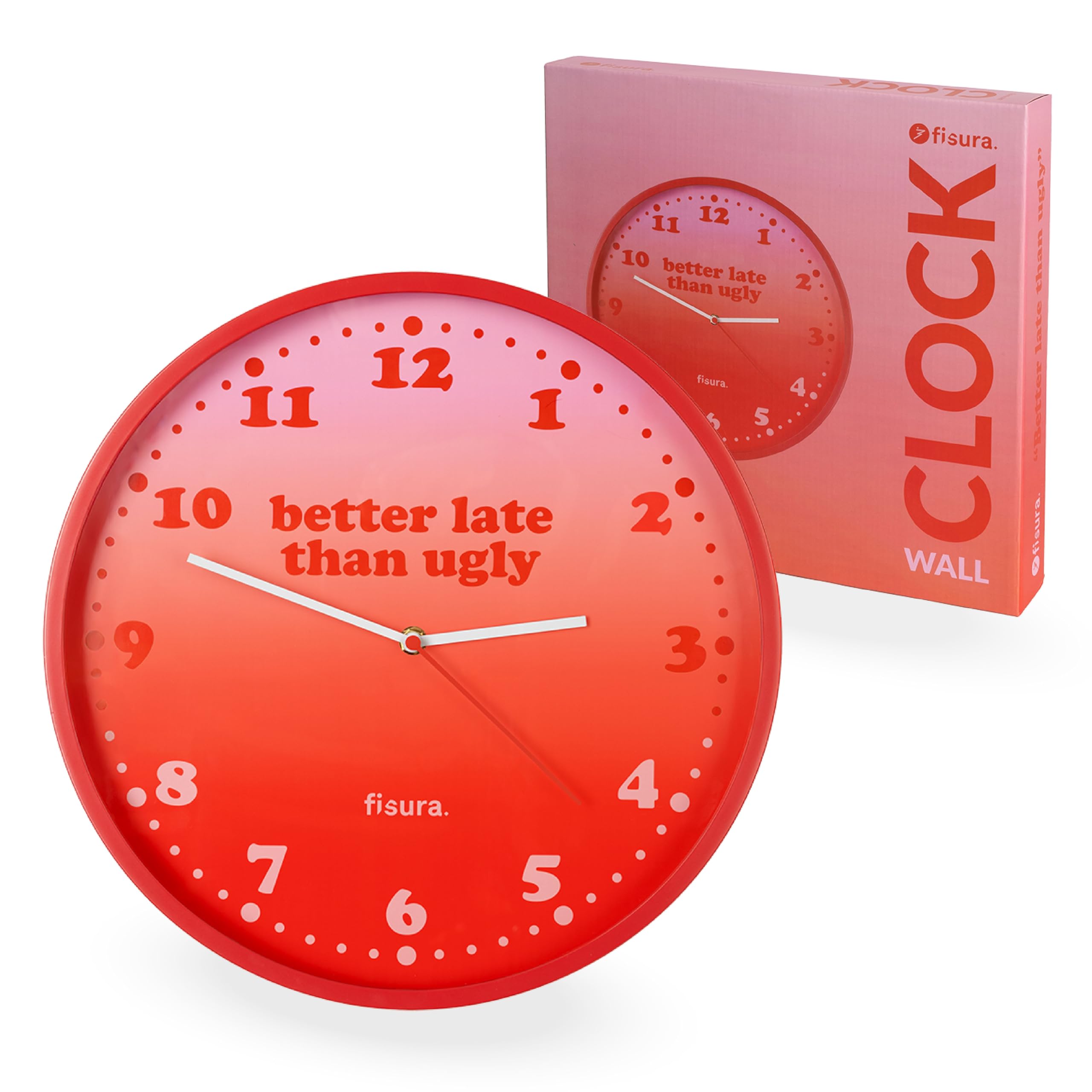 Fisura – Originelle Wanduhr Better Late Than Ugly Leise 35 cm Wanduhr in Rosa und Rot für Küche, Büro, Schlafzimmer. Modernes Design. 1x AA-Batterie (Nicht enthalten).