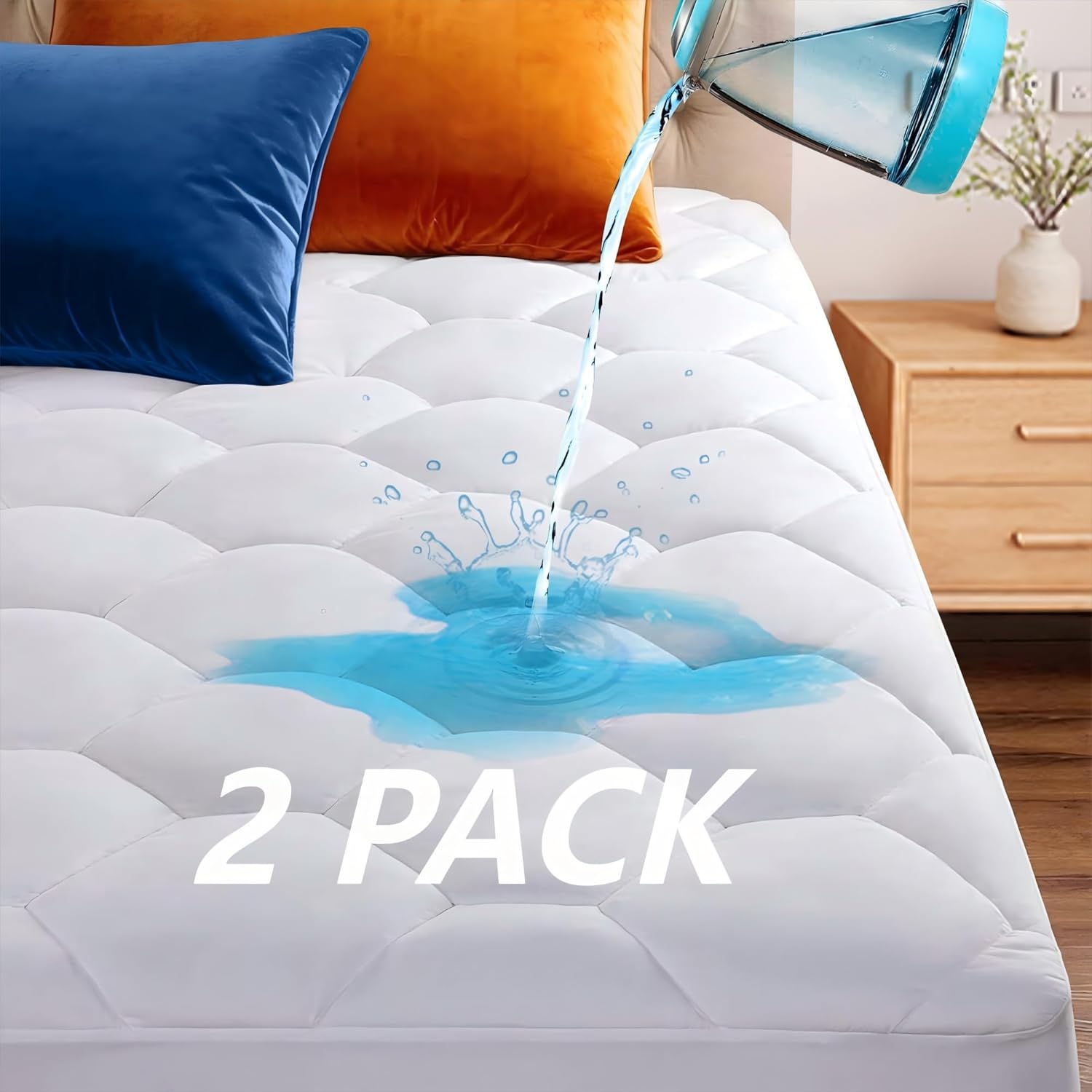 Softhour Waterproof Mattress Protector, 3D Air Fabric Bed Cover with Deep Pocket（Rayon Cotton Padding White - 2pack， Twin）