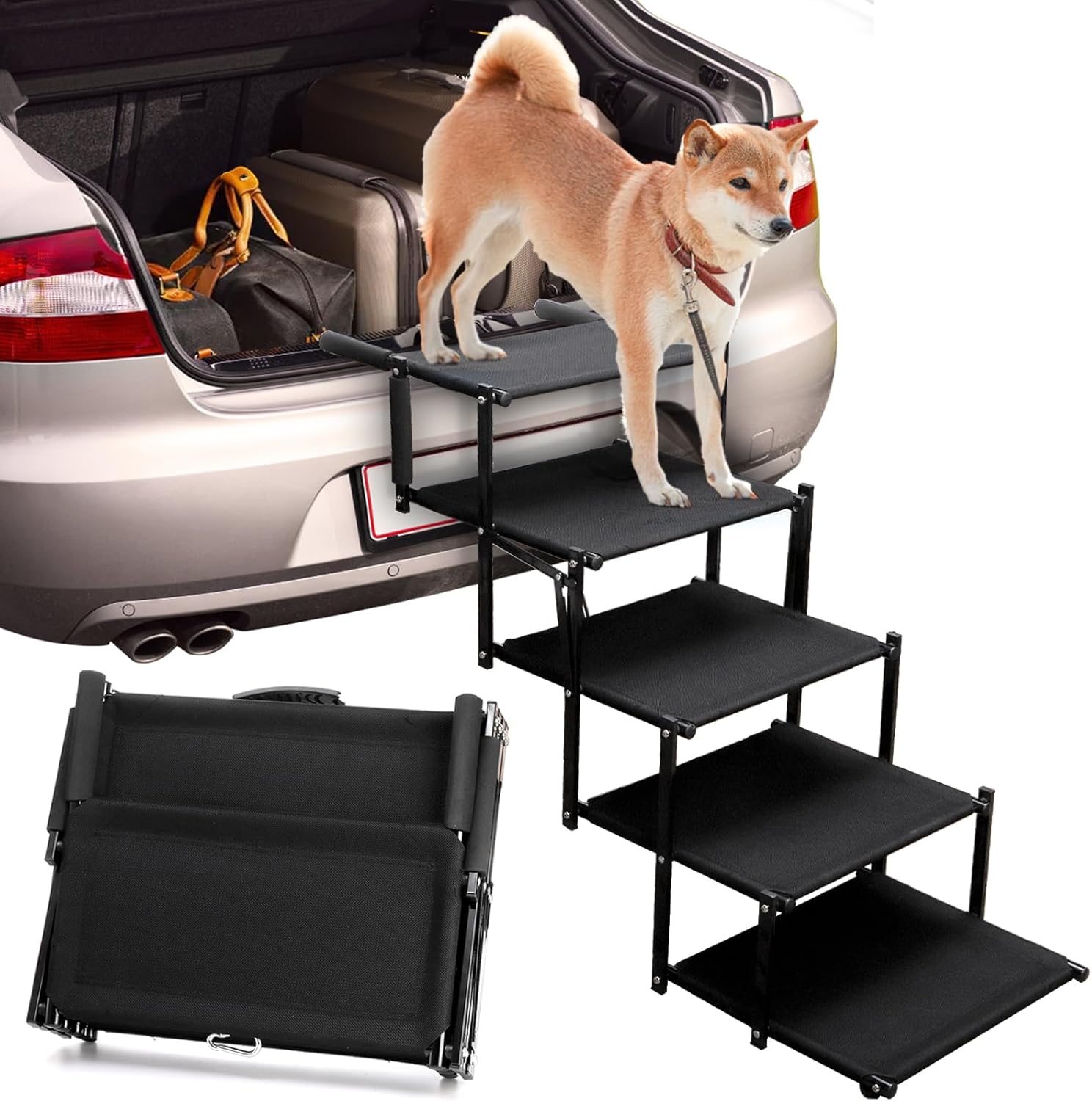 Hacaroa Foldable Dog Car Steps for Large Dogs, 5 Steps Portable Pet Stair Ramp with Handle, Lightweight Dog Ladder with Non-Slip Surface for Truck, SUV, Supports up to 110 lbs, Metal Frame