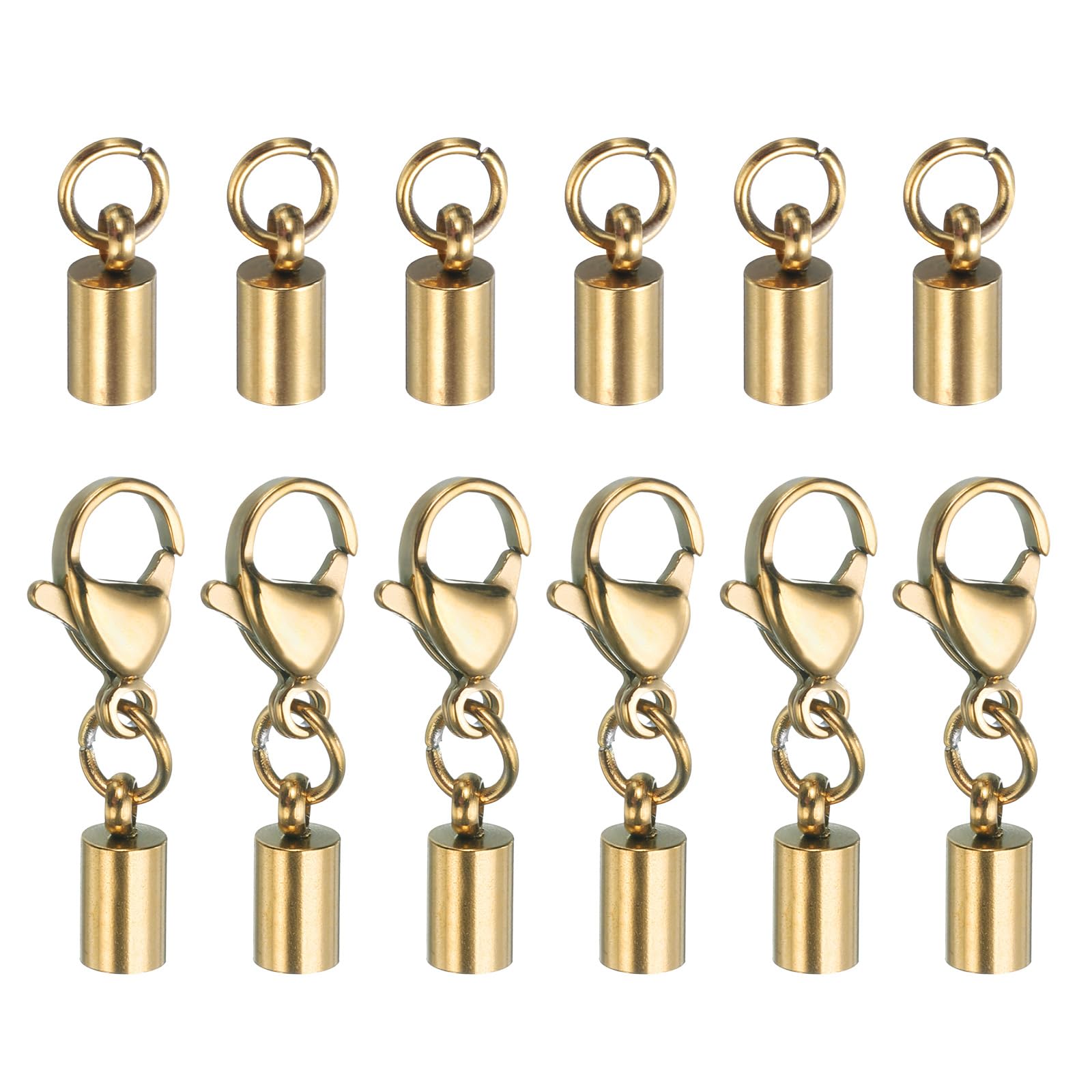 HARFINGTON 6pcs Cord End Cap 3.5mm ID Lobster Claw Clasp End Caps Stainless Steel for DIY Bracelets Necklaces, Gold Tone