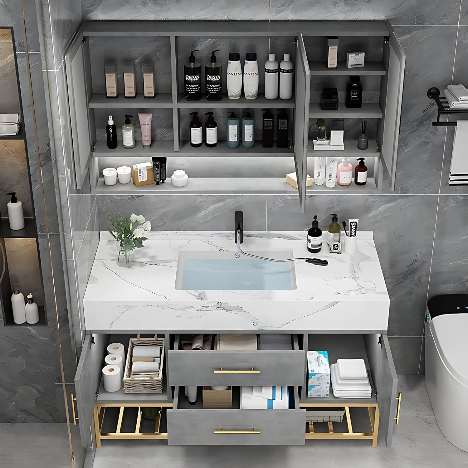 Bathroom Vanity with Sink - Modern Floor-Mounted Installation Single Sink Bathroom Vanity Cabinet & LED Mirror Set with Storage (White, 54'')