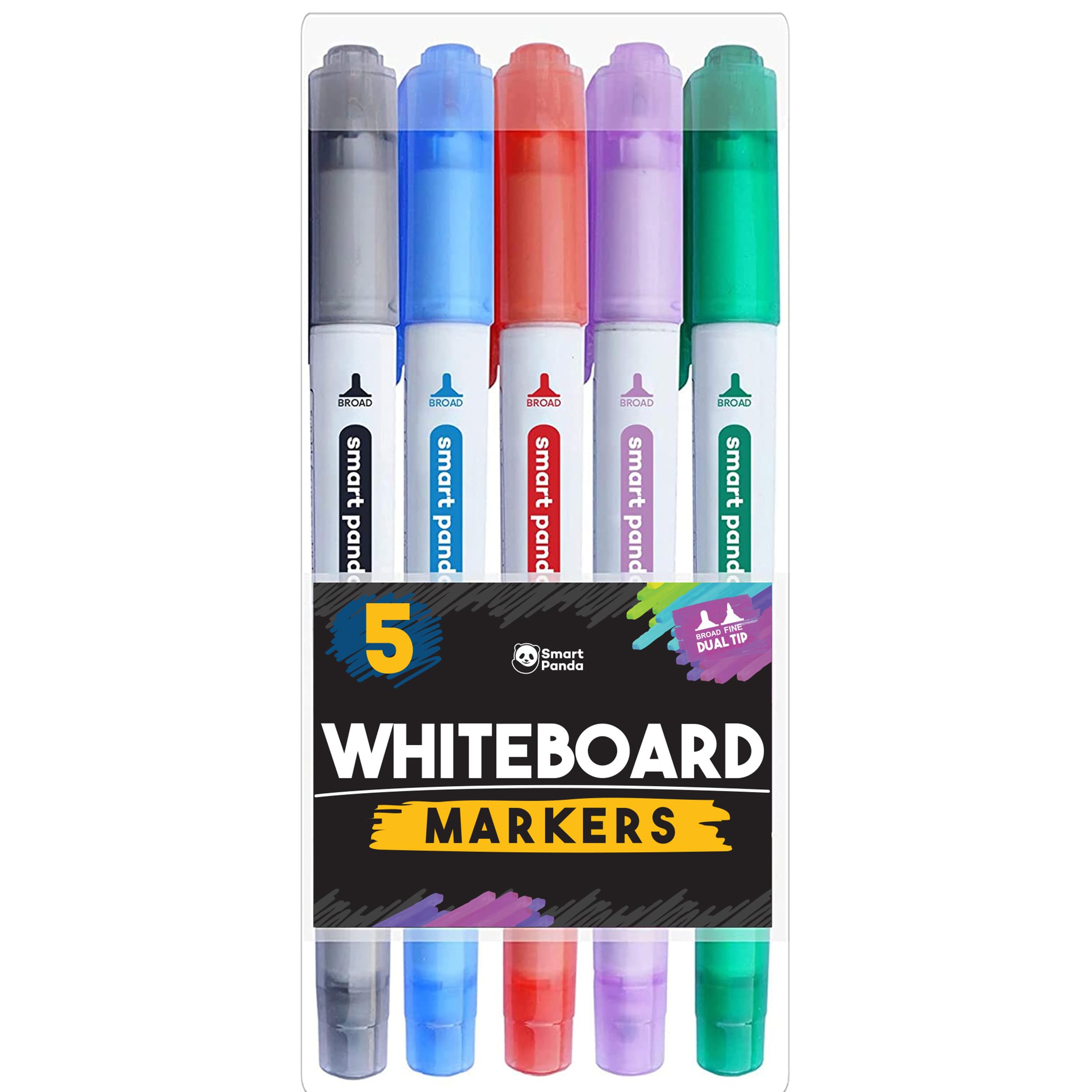 Smart Panda 5 Whiteboard Markers Dual Tip Wipeable Pens, Medium and Fine – Dry Wipe Markers, Perfect for Home, School or Office - 5 Set