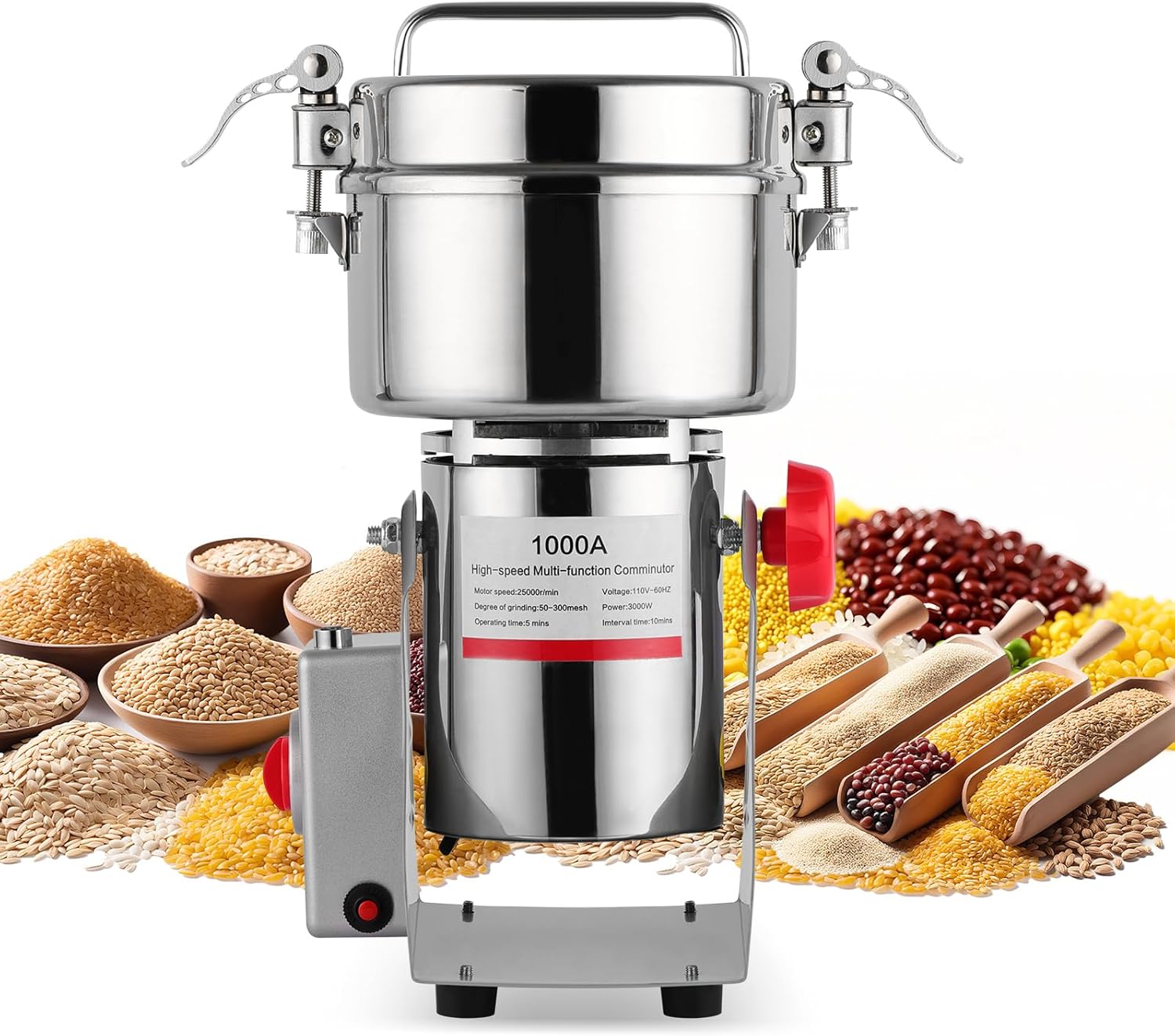 Grain Mill Grinder - 1000g High-Speed Electric Stainless Steel grain mill with 270° Swing Grinding Technology for Grains, Millet & Spices - Spice Grinder Ideal for Commercial, Kitchen Shop Use