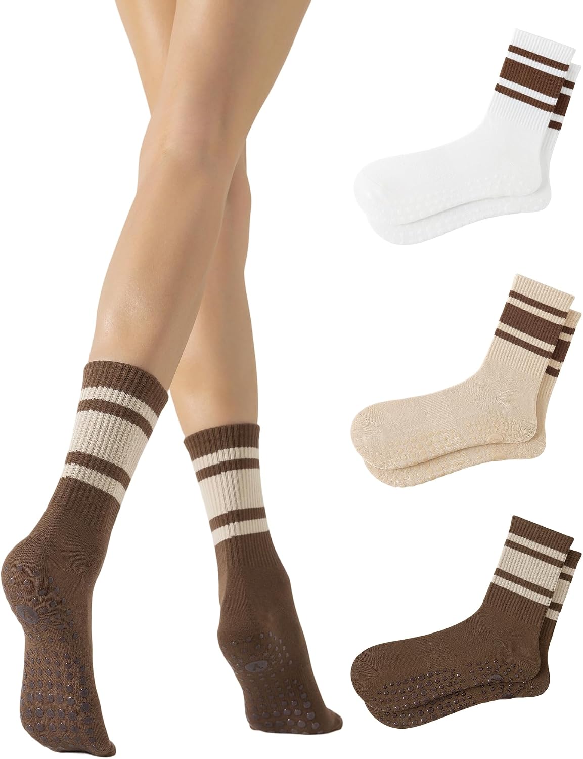 Yawlsow Pilates Grip Socks for Women Yoga Grippy Striped Retro Crew Socks Non Slip Sticky Barre Sock with Grippers 3/5 Pairs